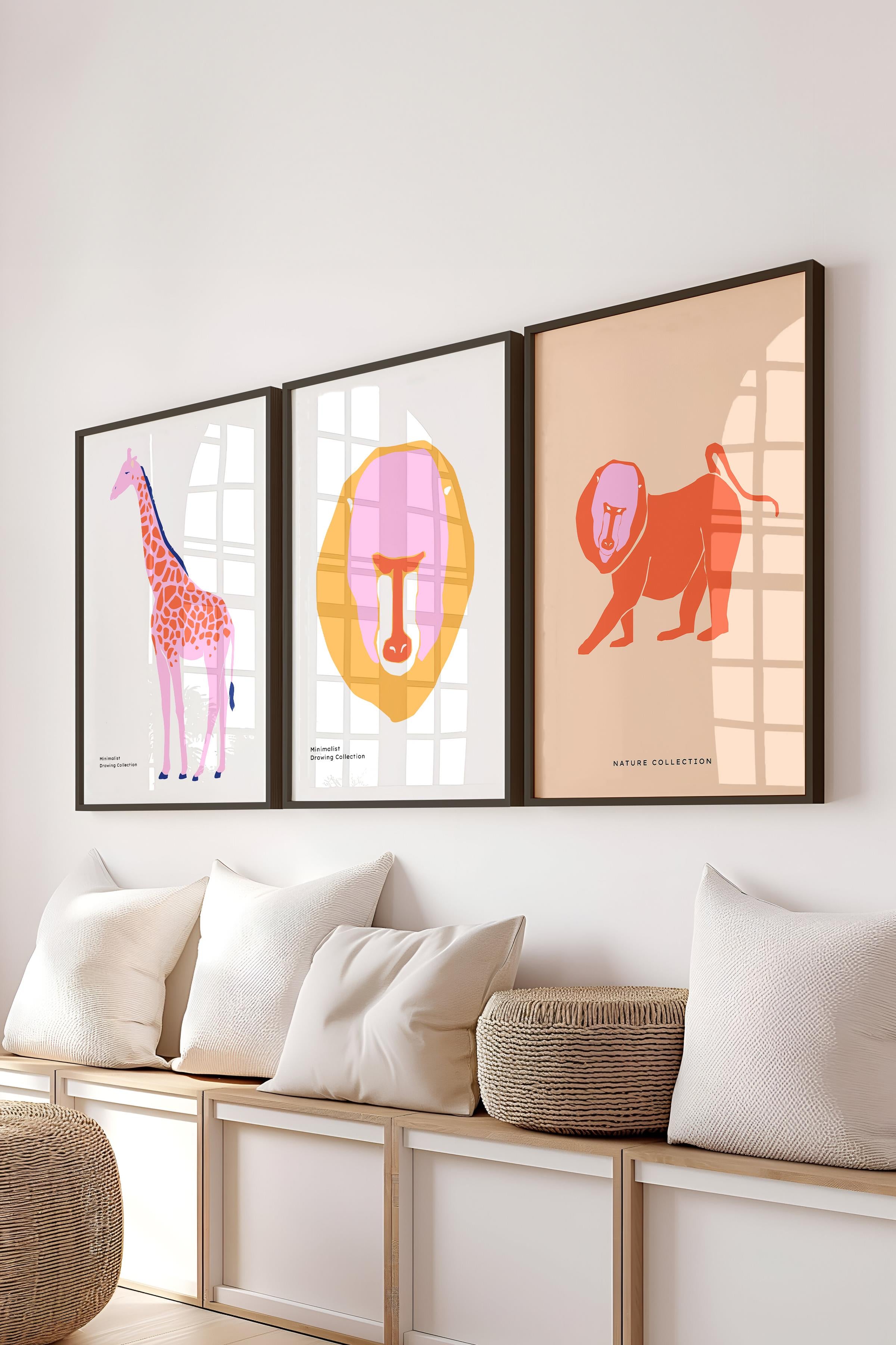 Çerçeveli Tablo Seti, 3 Adet Siyah Çerçeve ve Minimalist Vahşi Yaşam Temalı Poster Seti, No:300488