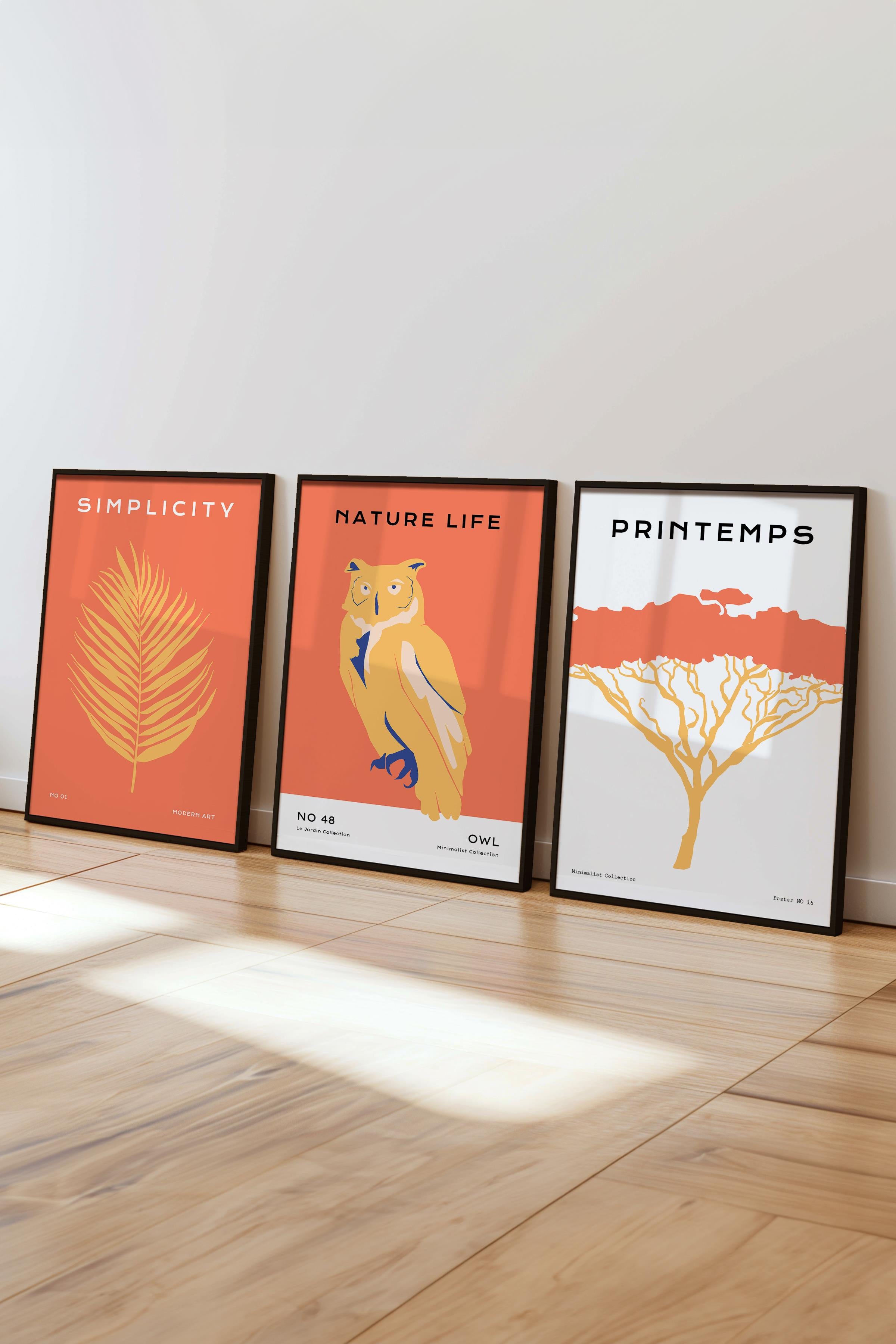 Çerçeveli Tablo Seti, 3 Adet Siyah Çerçeve ve Minimalist Vahşi Yaşam Temalı Poster Seti, No:300489