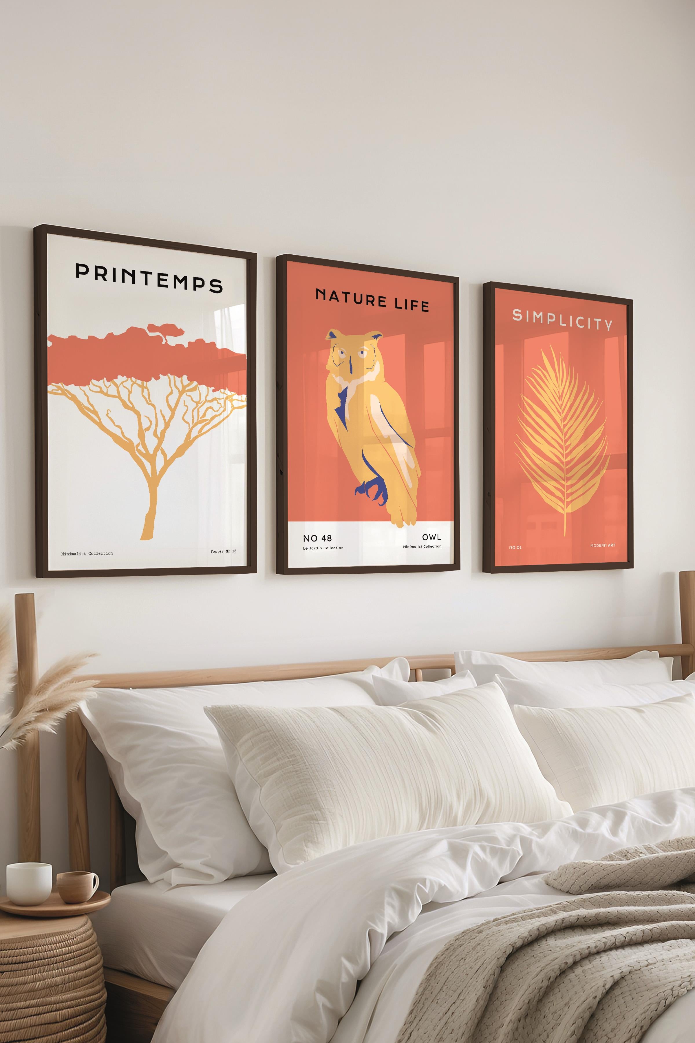 Çerçeveli Tablo Seti, 3 Adet Siyah Çerçeve ve Minimalist Vahşi Yaşam Temalı Poster Seti, No:300489