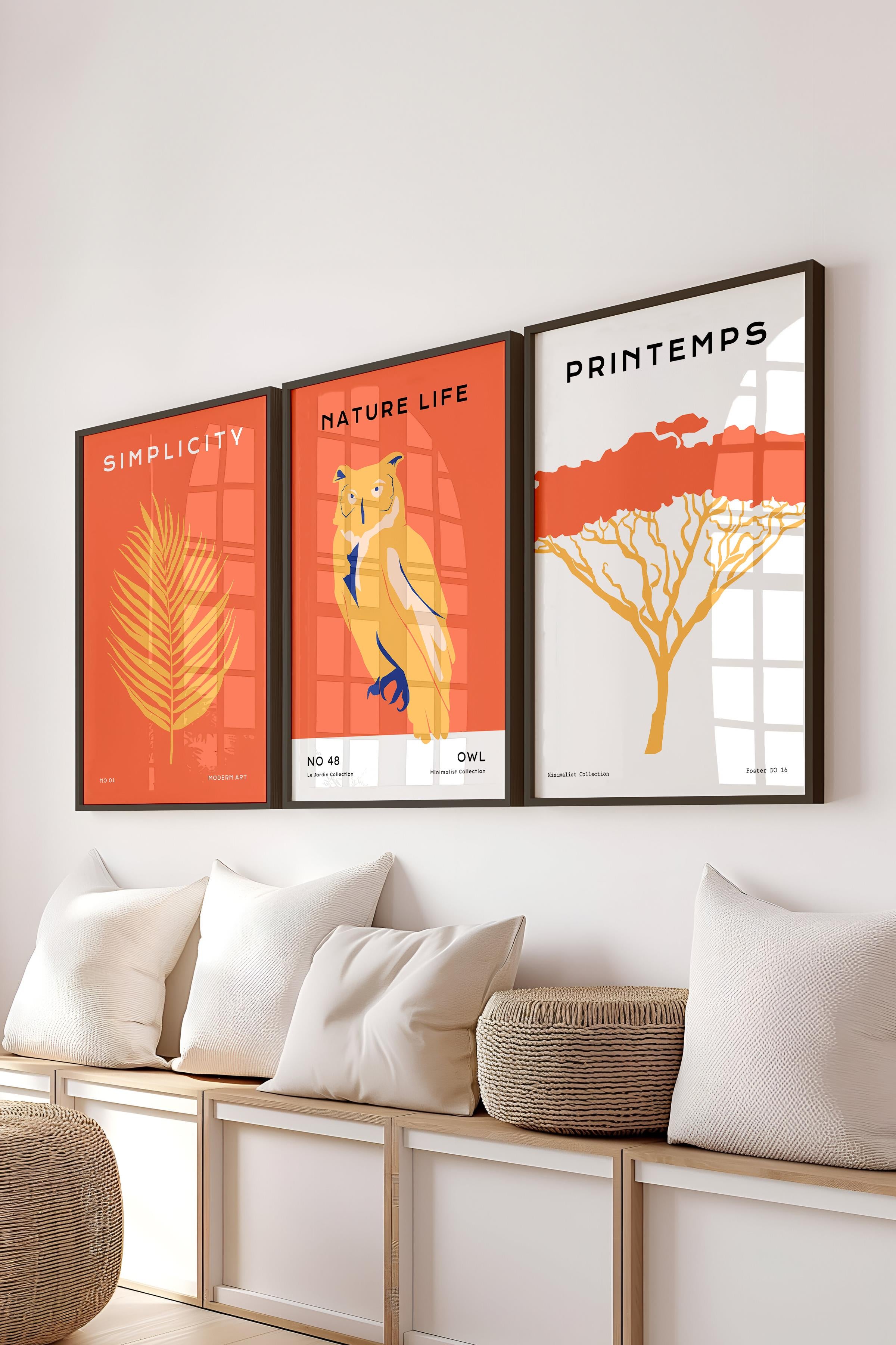 Çerçeveli Tablo Seti, 3 Adet Siyah Çerçeve ve Minimalist Vahşi Yaşam Temalı Poster Seti, No:300489