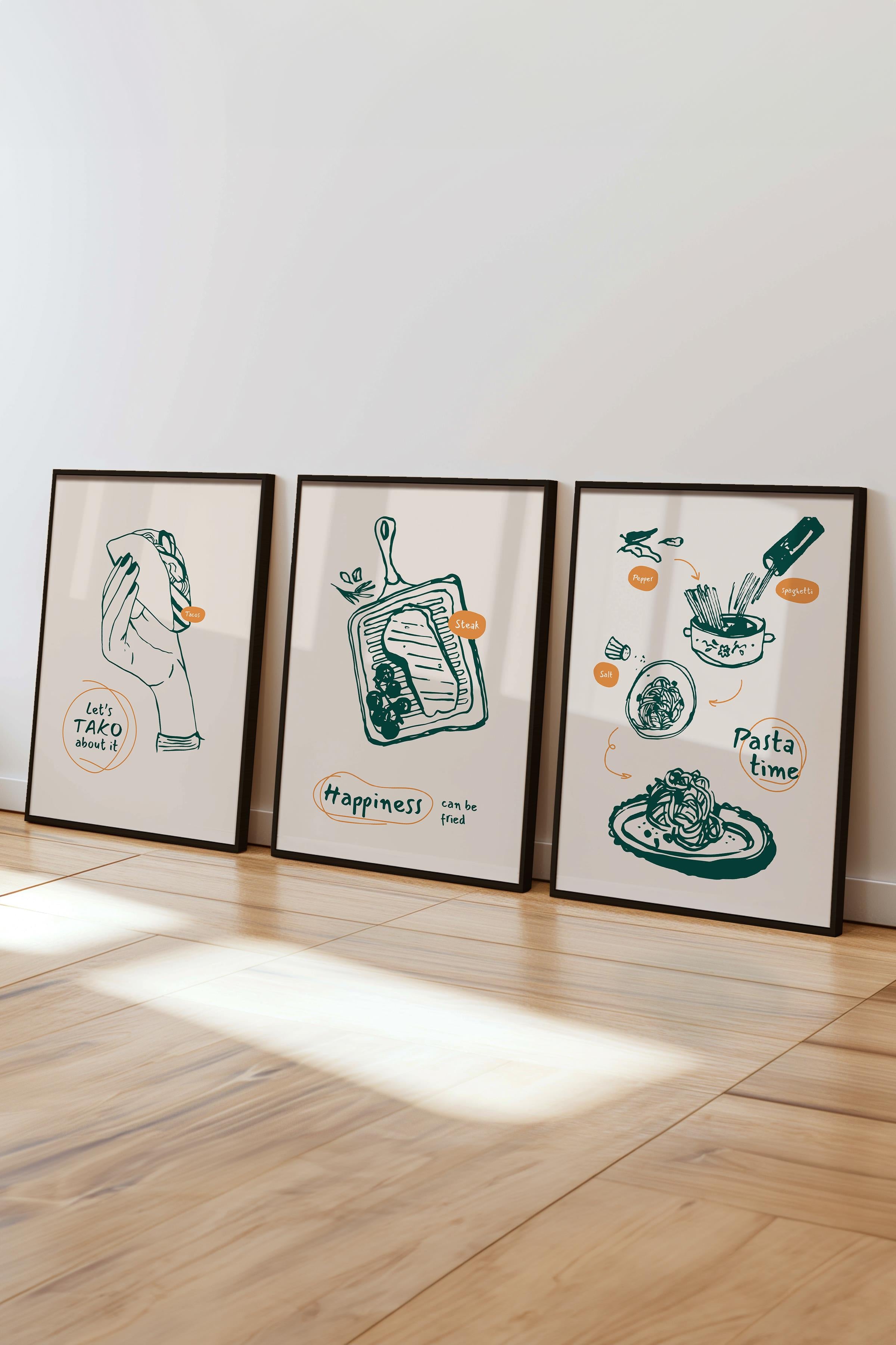 Çerçeveli Tablo Seti, 3 Adet Siyah Çerçeve ve Minimalist Yemek Temalı Poster Seti, No:300549