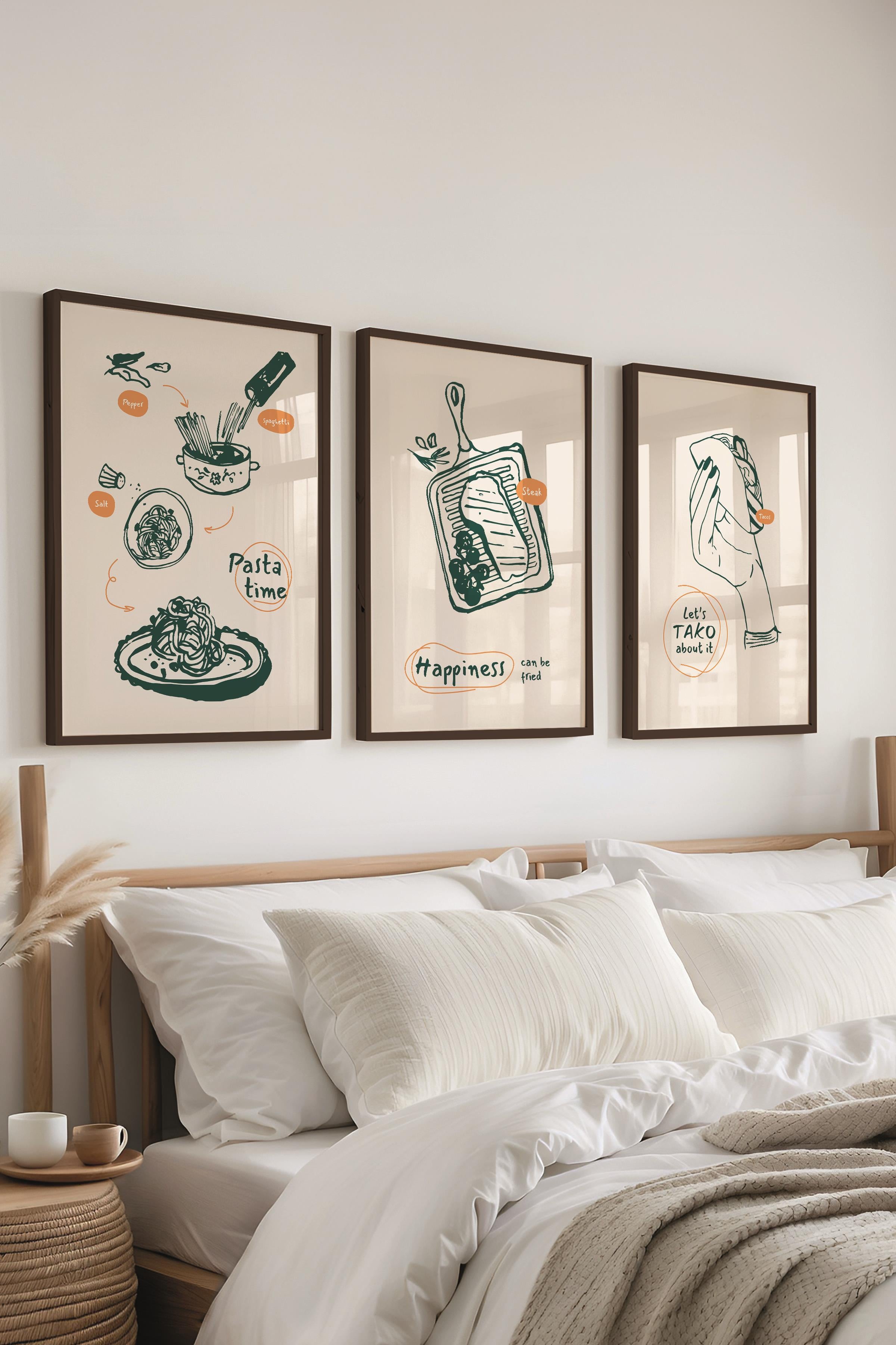 Çerçeveli Tablo Seti, 3 Adet Siyah Çerçeve ve Minimalist Yemek Temalı Poster Seti, No:300549