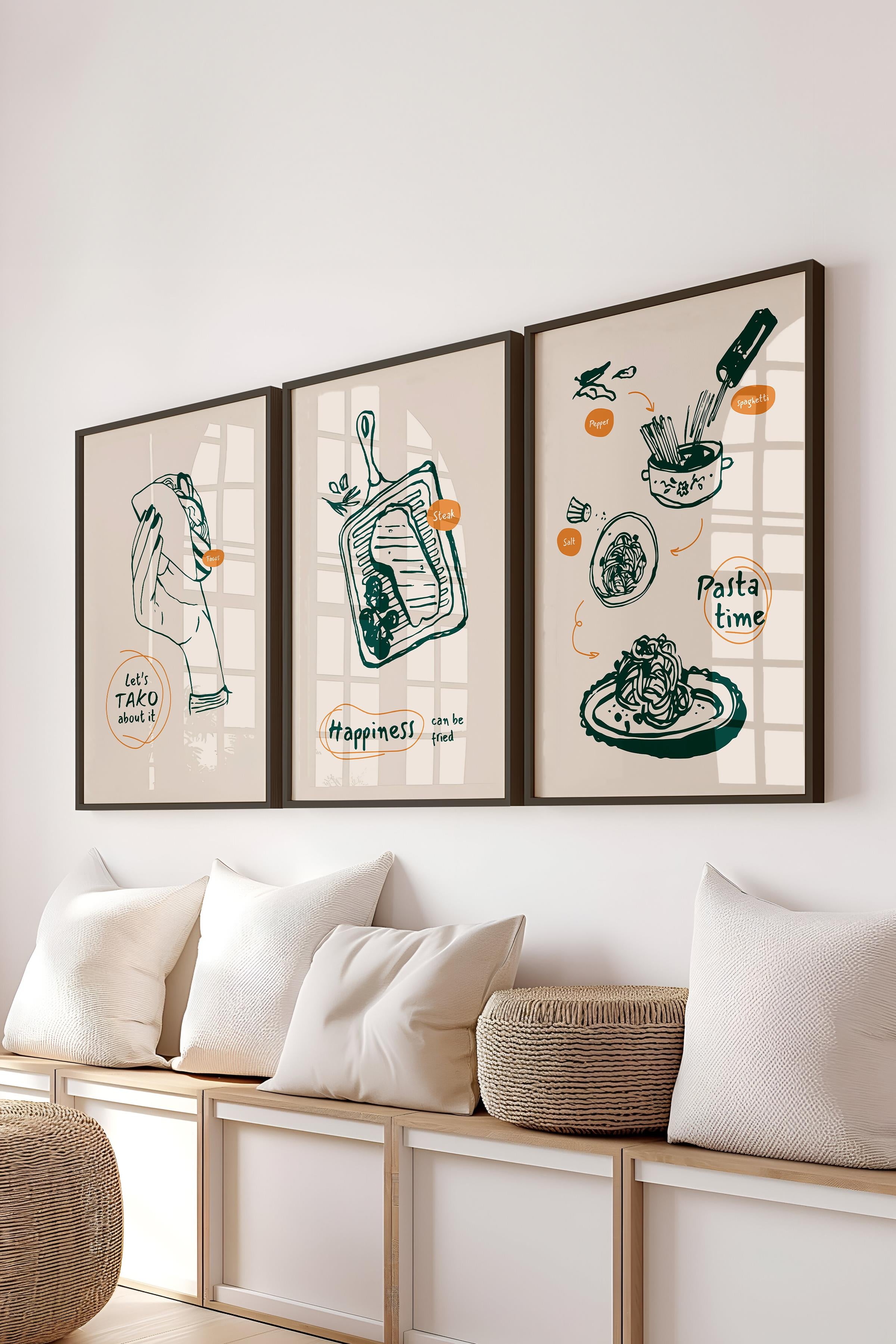 Çerçeveli Tablo Seti, 3 Adet Siyah Çerçeve ve Minimalist Yemek Temalı Poster Seti, No:300549