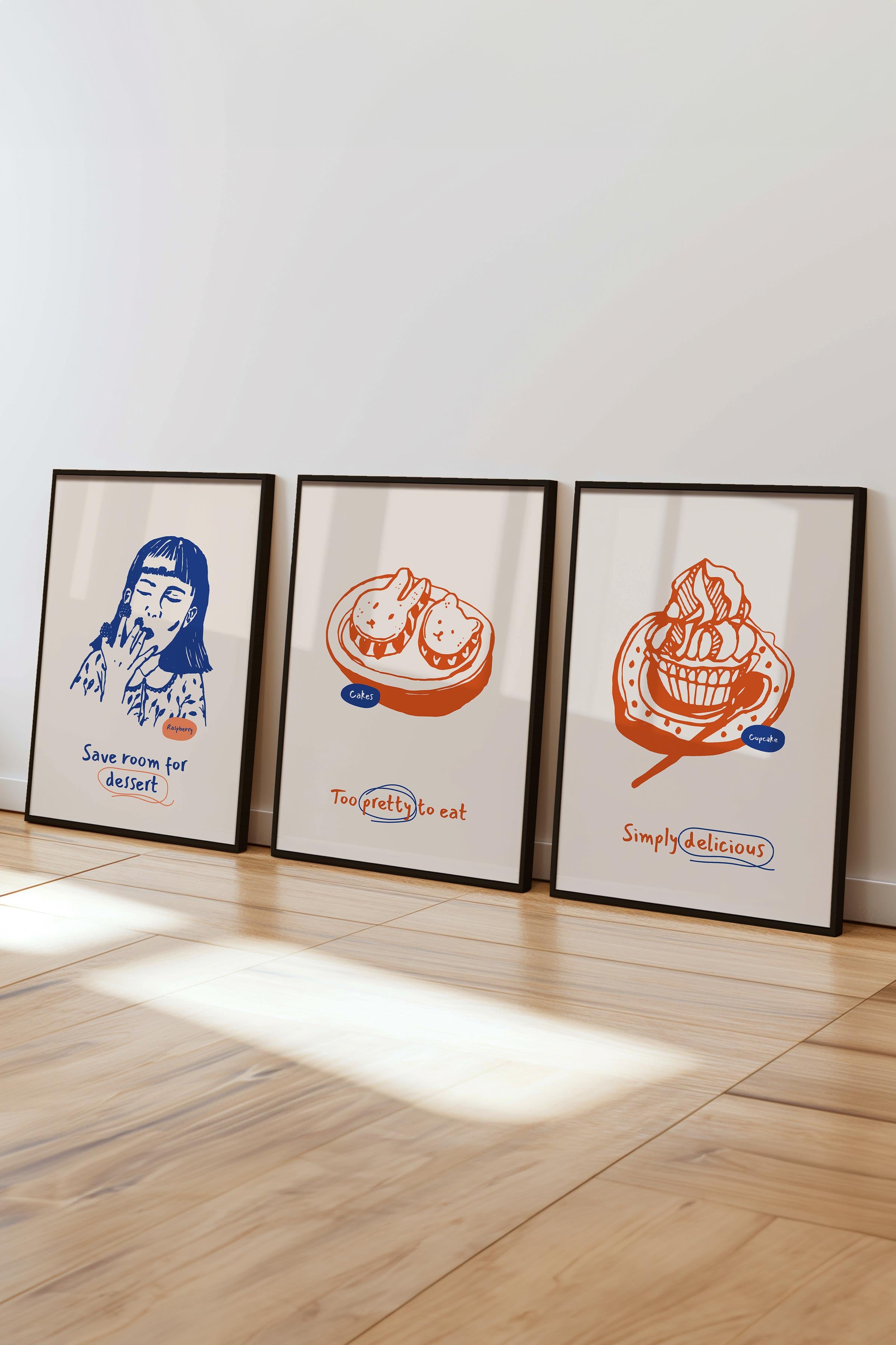 Çerçeveli Tablo Seti, 3 Adet Siyah Çerçeve ve Minimalist Yemek Temalı Poster Seti, No:300550