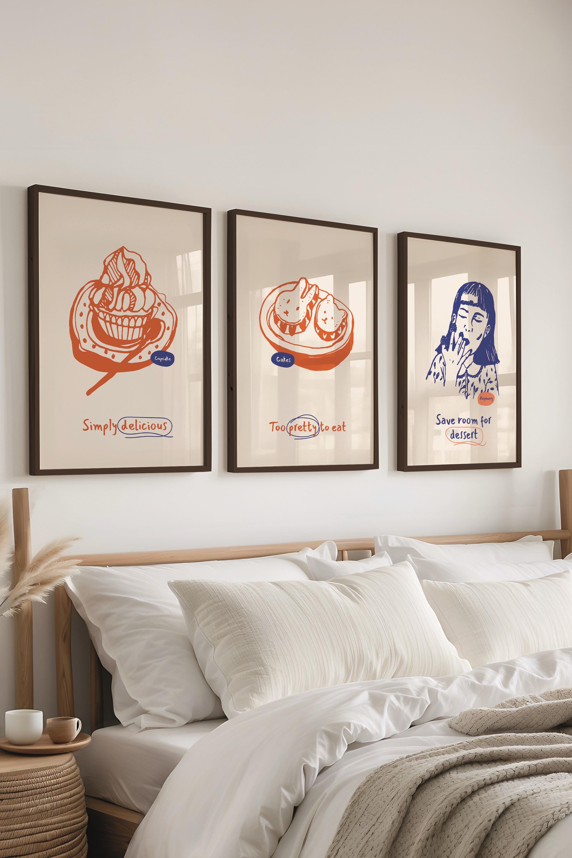 Çerçeveli Tablo Seti, 3 Adet Siyah Çerçeve ve Minimalist Yemek Temalı Poster Seti, No:300550