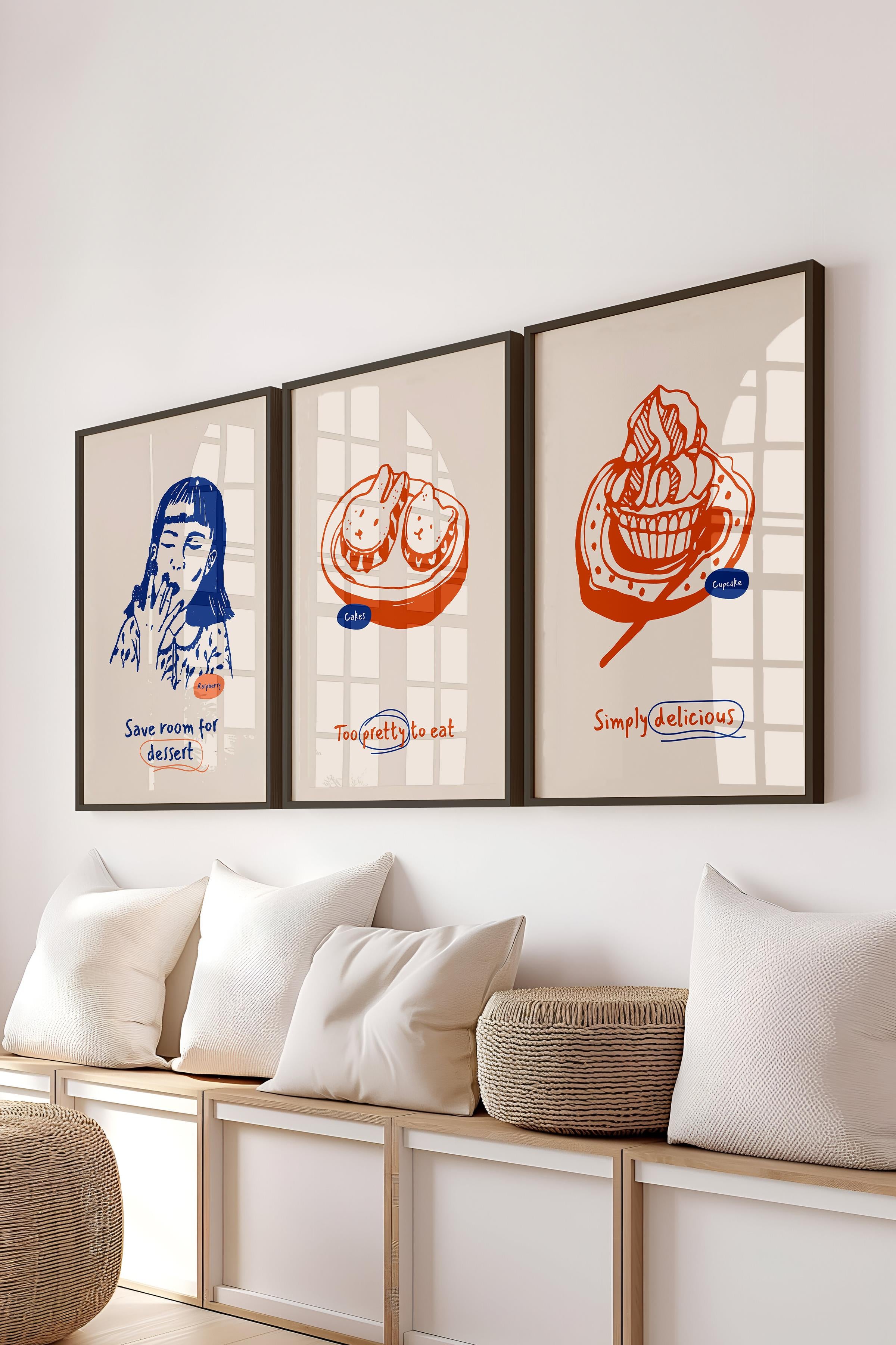 Çerçeveli Tablo Seti, 3 Adet Siyah Çerçeve ve Minimalist Yemek Temalı Poster Seti, No:300550