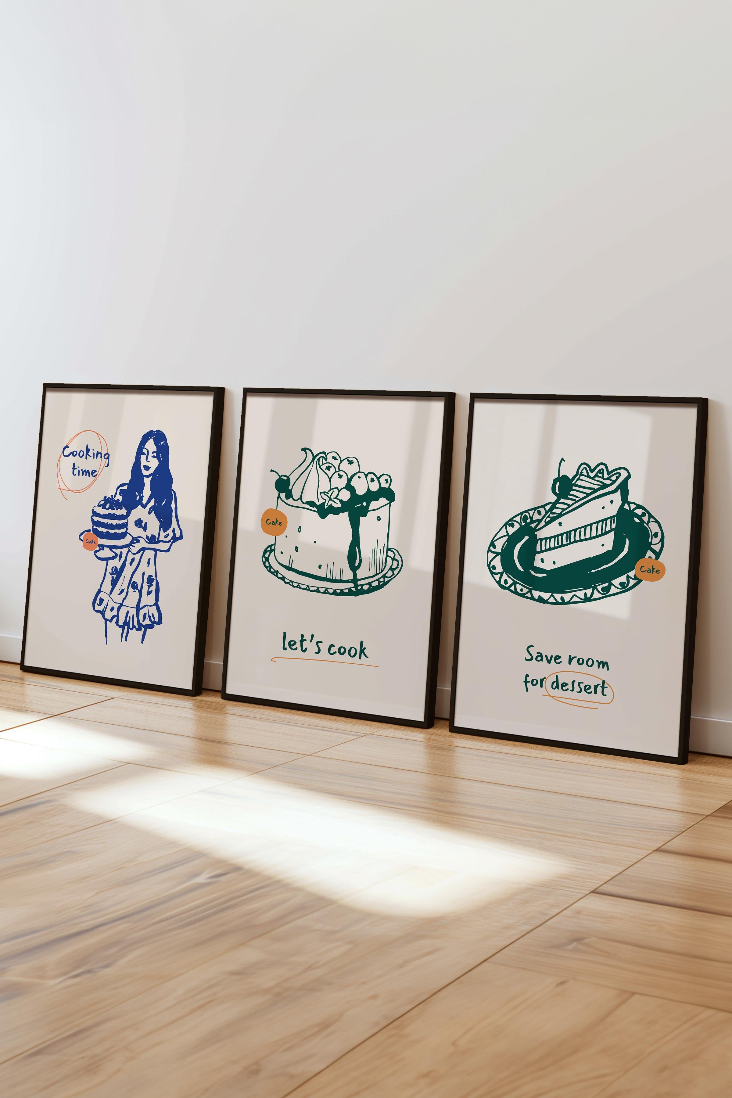 Çerçeveli Tablo Seti, 3 Adet Siyah Çerçeve ve Minimalist Yemek Temalı Poster Seti, No:300552