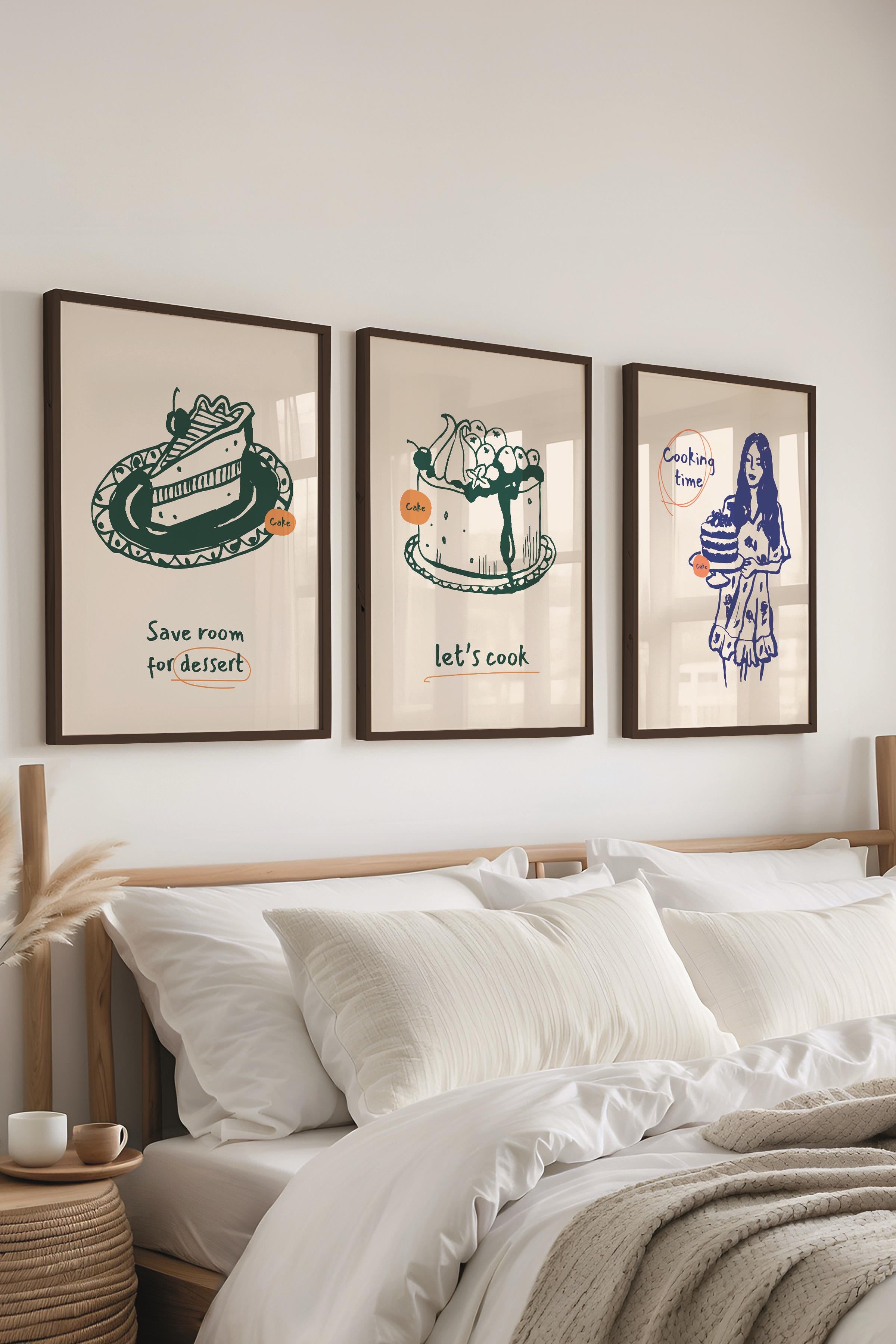 Çerçeveli Tablo Seti, 3 Adet Siyah Çerçeve ve Minimalist Yemek Temalı Poster Seti, No:300552