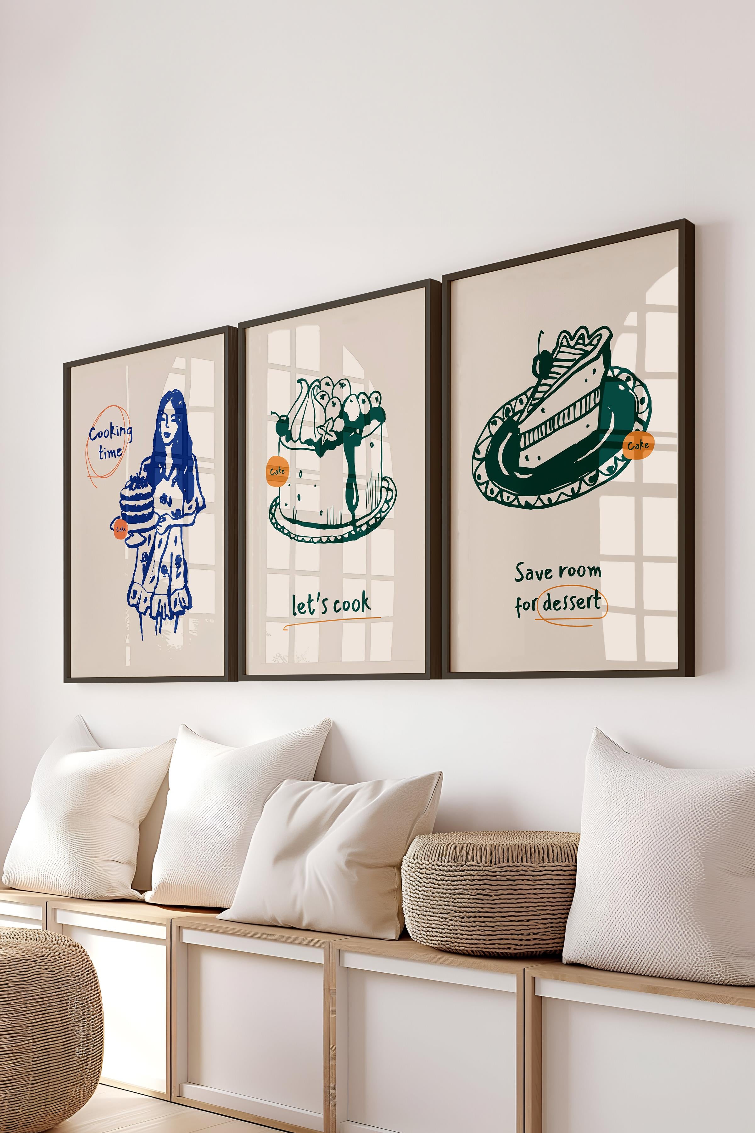 Çerçeveli Tablo Seti, 3 Adet Siyah Çerçeve ve Minimalist Yemek Temalı Poster Seti, No:300552
