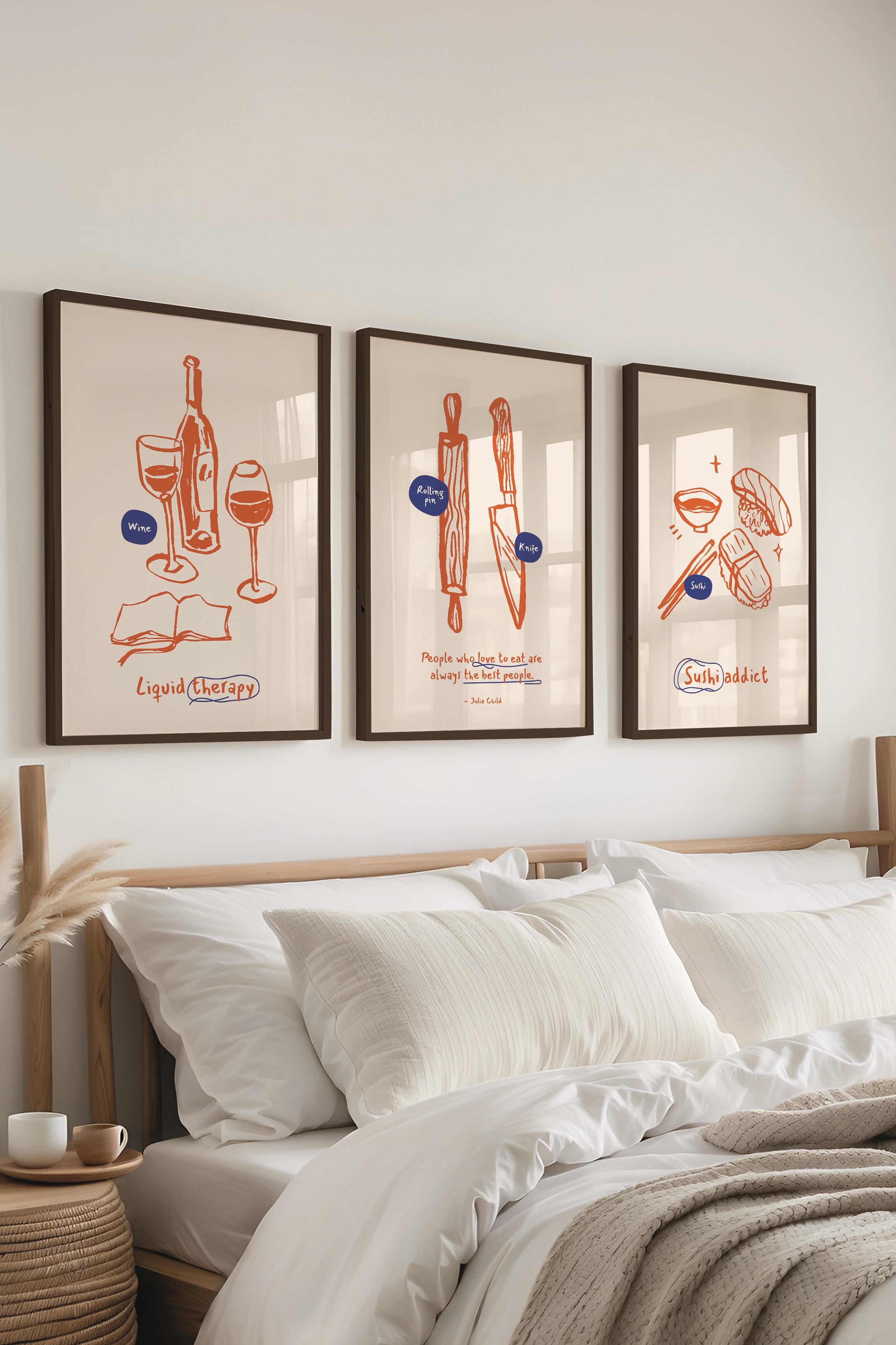 Çerçeveli Tablo Seti, 3 Adet Siyah Çerçeve ve Minimalist Yemek Temalı Poster Seti, No:300554