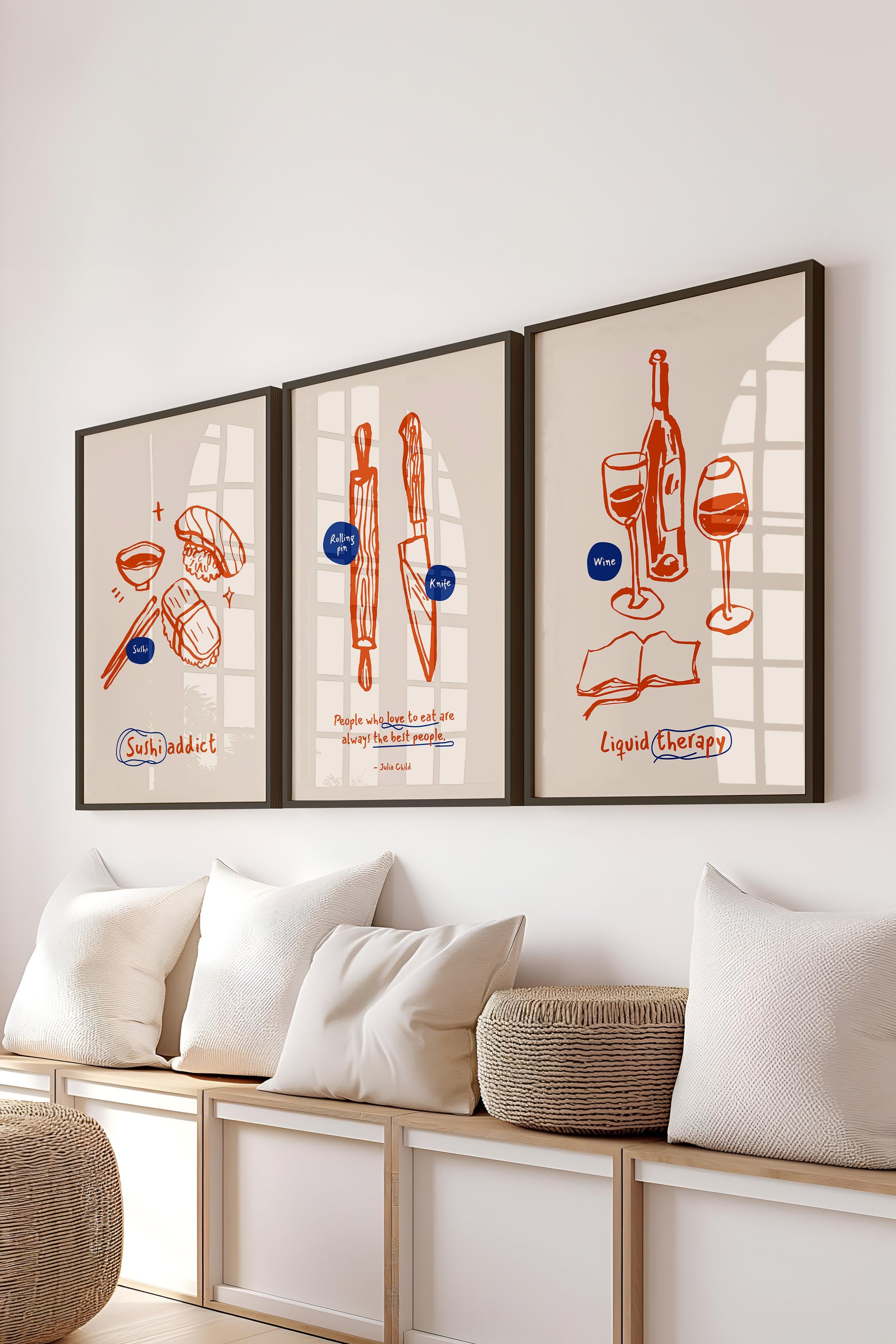 Çerçeveli Tablo Seti, 3 Adet Siyah Çerçeve ve Minimalist Yemek Temalı Poster Seti, No:300554