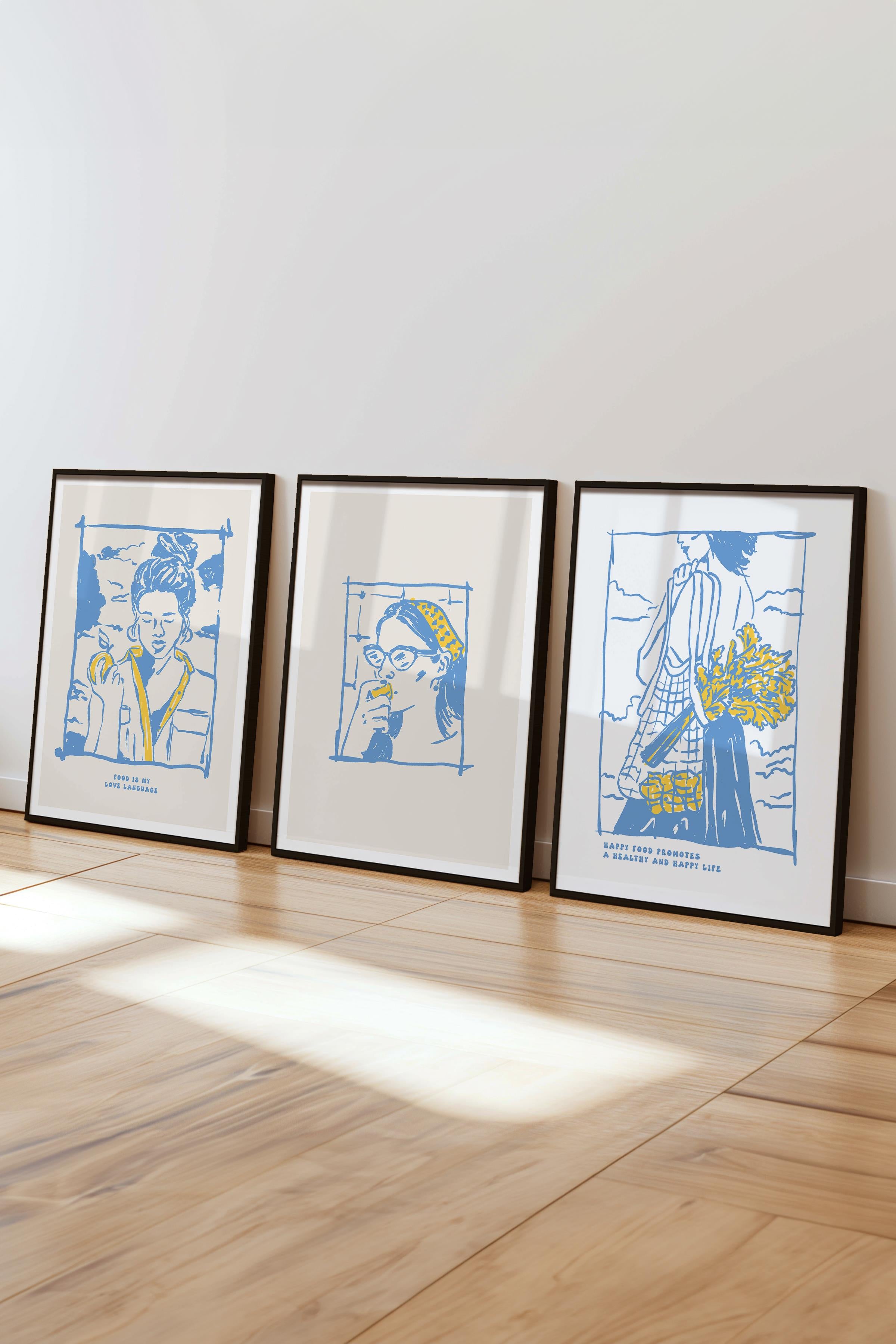 Çerçeveli Tablo Seti, 3 Adet Siyah Çerçeve ve Minimalist Yemek Temalı Poster Seti, No:300555