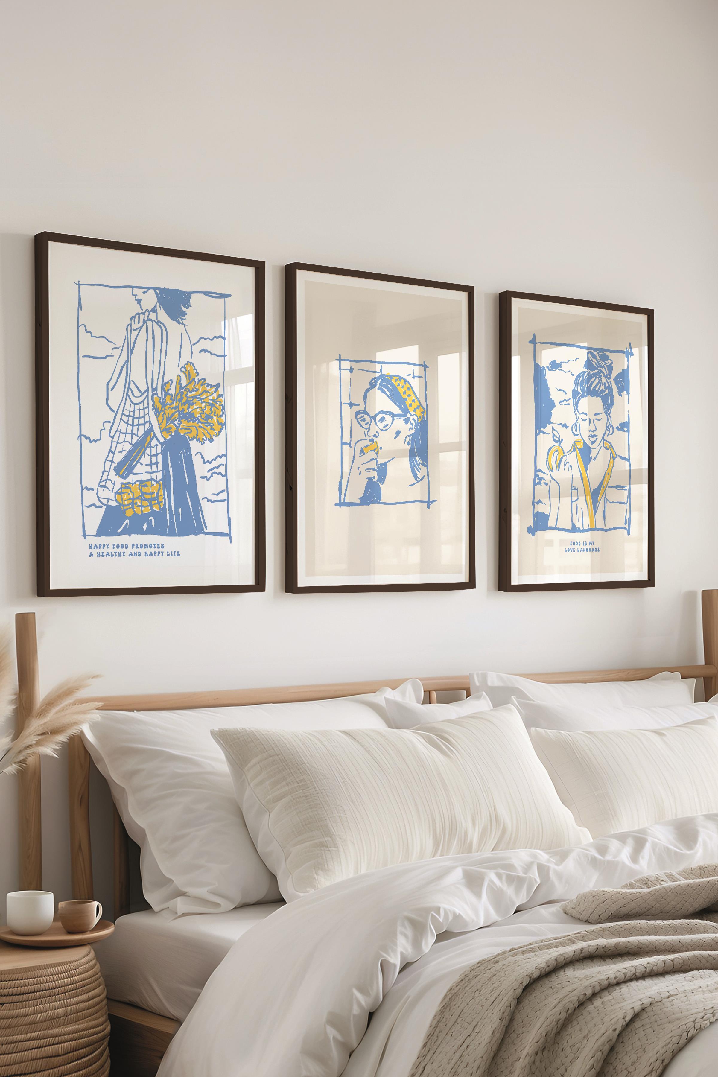 Çerçeveli Tablo Seti, 3 Adet Siyah Çerçeve ve Minimalist Yemek Temalı Poster Seti, No:300555