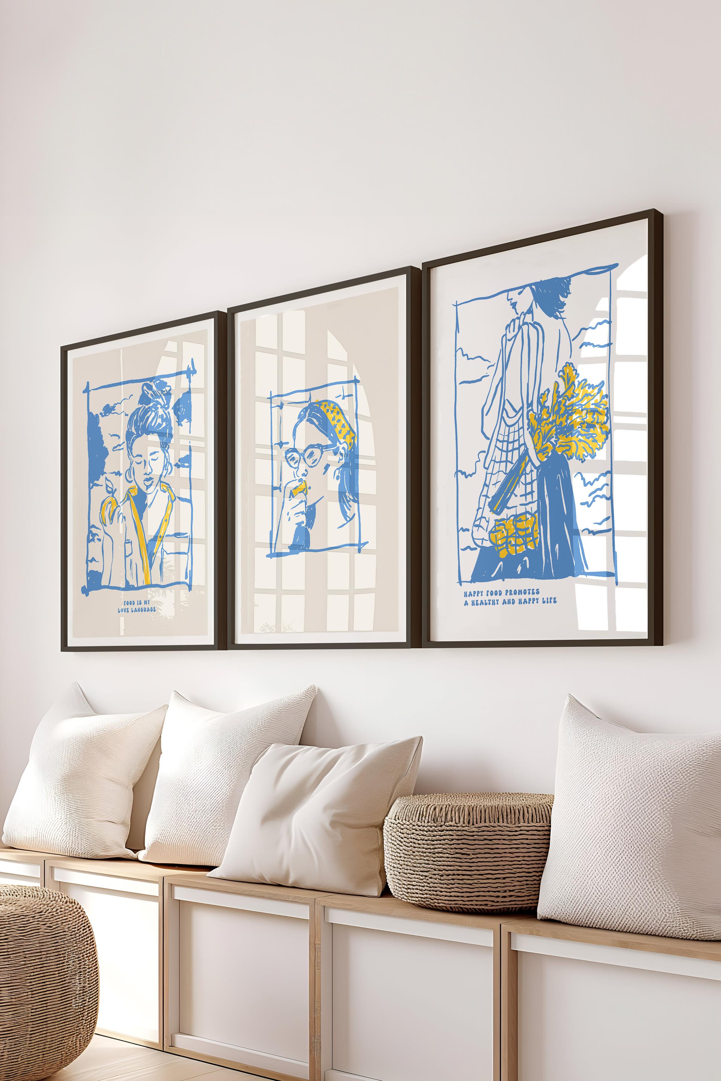 Çerçeveli Tablo Seti, 3 Adet Siyah Çerçeve ve Minimalist Yemek Temalı Poster Seti, No:300555