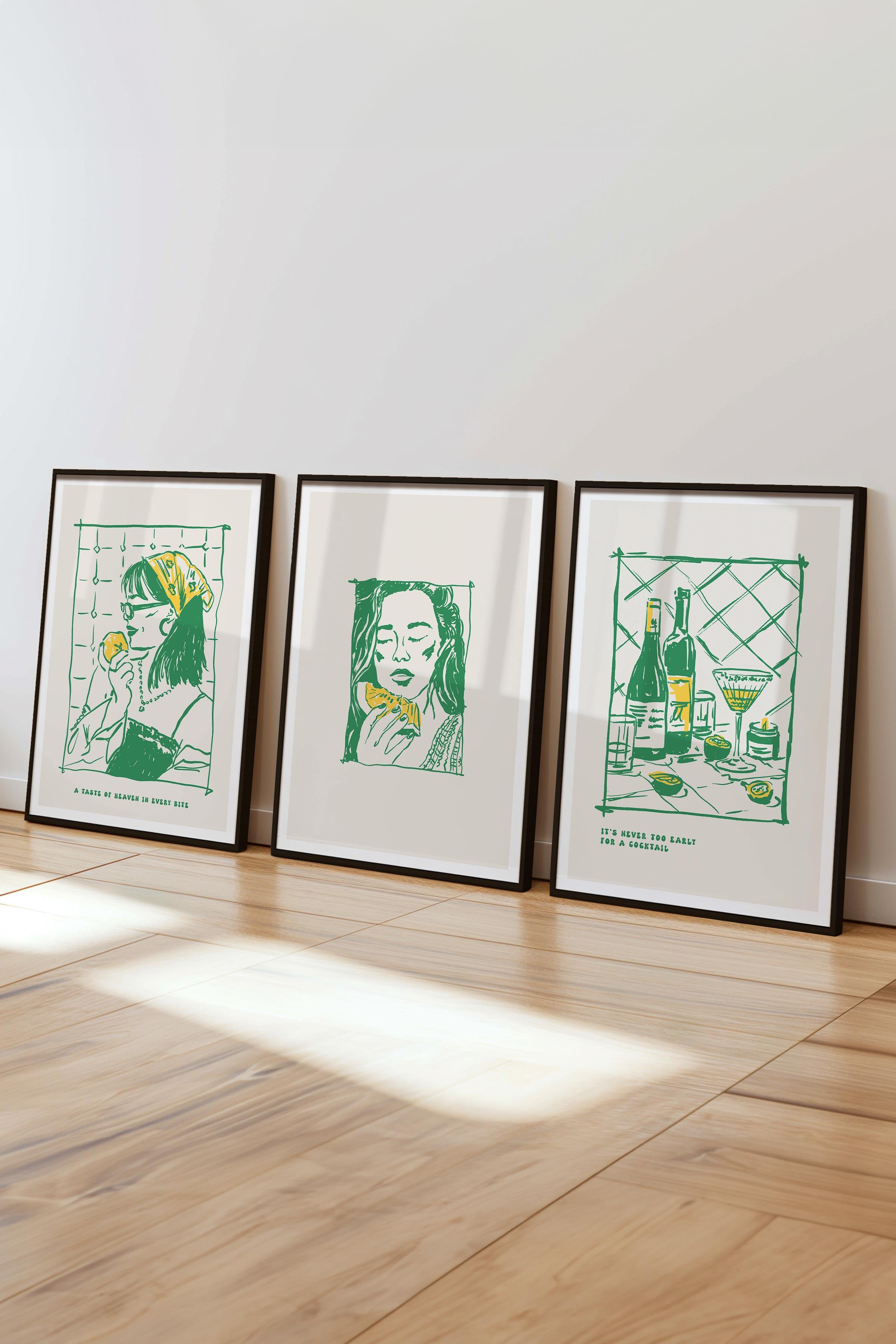 Çerçeveli Tablo Seti, 3 Adet Siyah Çerçeve ve Minimalist Yemek Temalı Poster Seti, No:300556