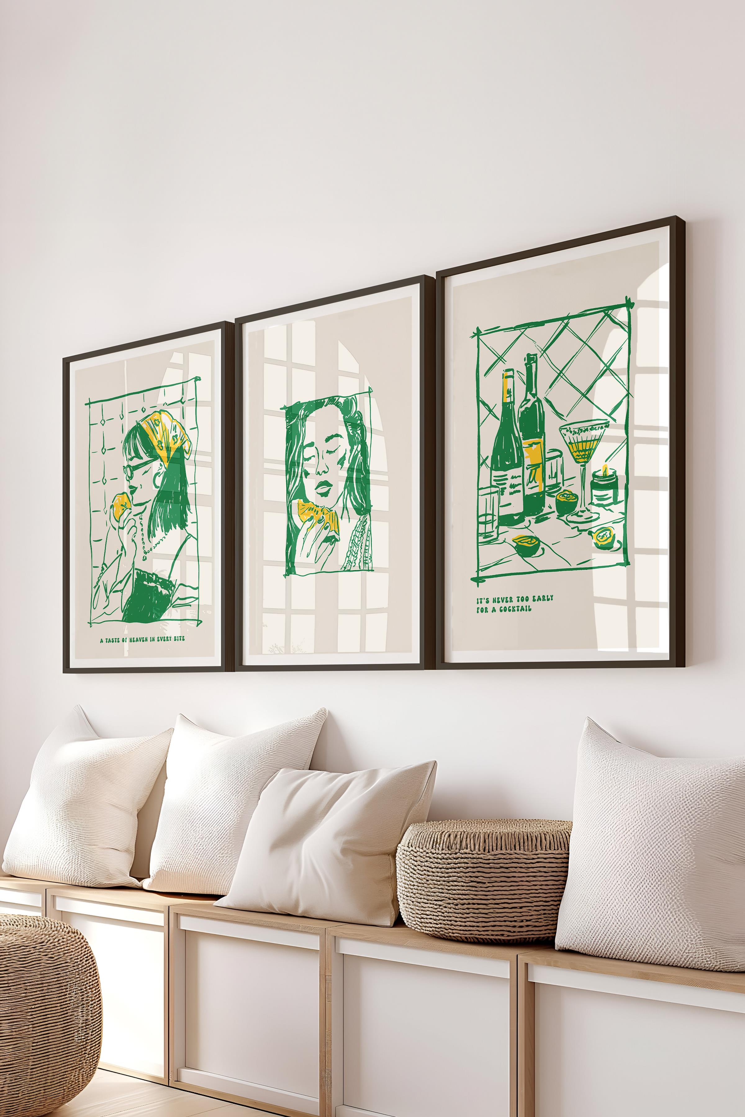 Çerçeveli Tablo Seti, 3 Adet Siyah Çerçeve ve Minimalist Yemek Temalı Poster Seti, No:300556