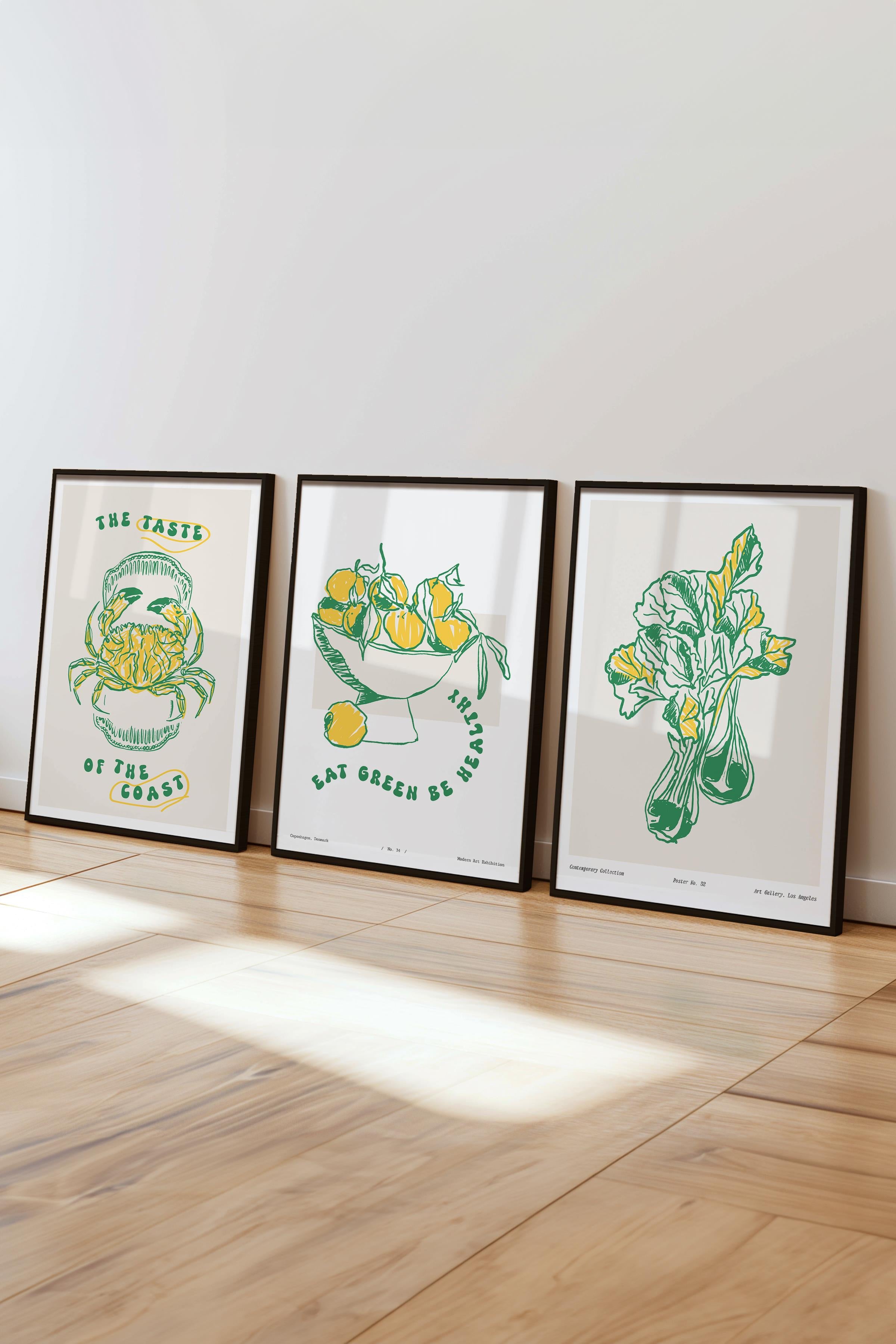 Çerçeveli Tablo Seti, 3 Adet Siyah Çerçeve ve Minimalist Yemek Temalı Poster Seti, No:300557