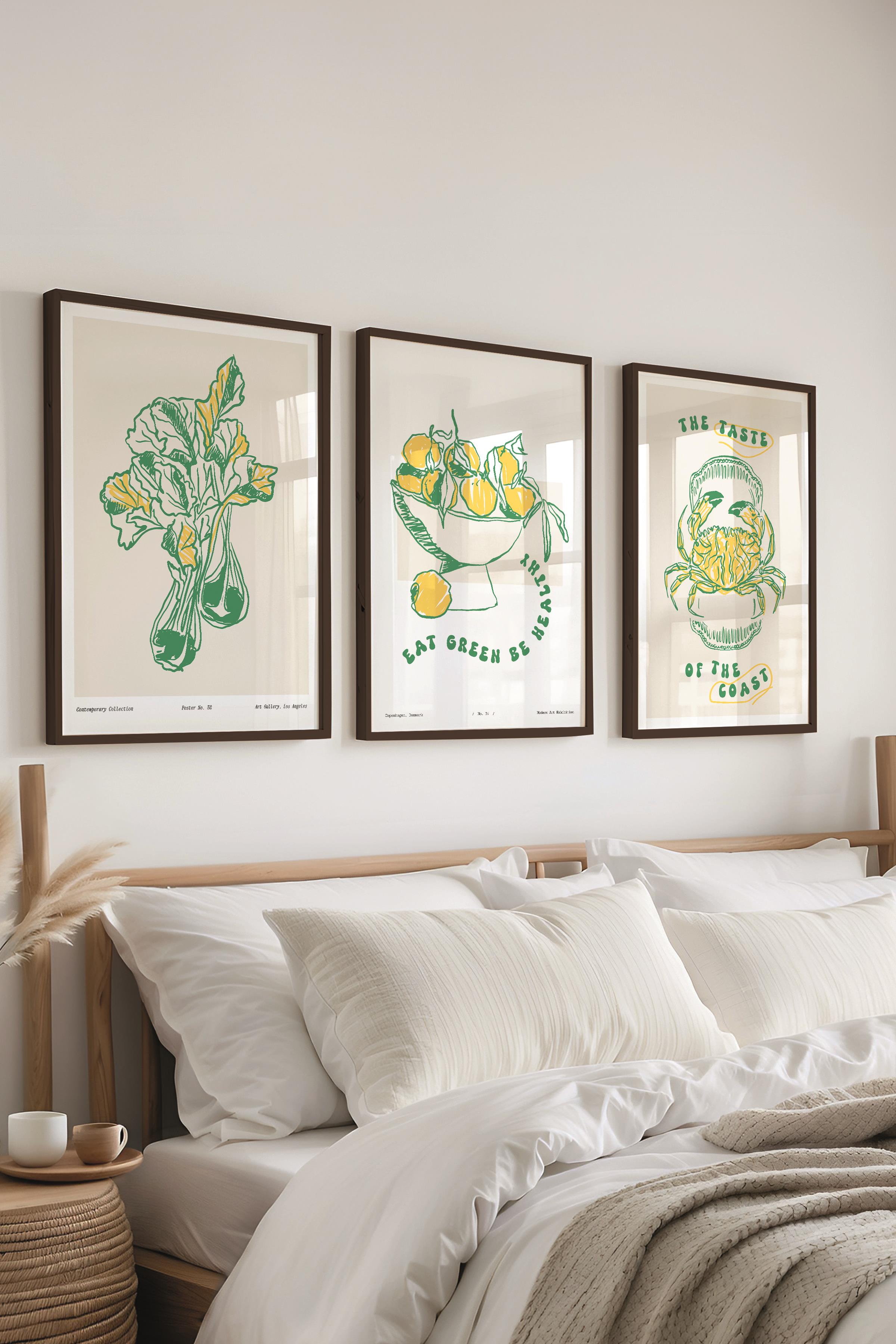 Çerçeveli Tablo Seti, 3 Adet Siyah Çerçeve ve Minimalist Yemek Temalı Poster Seti, No:300557