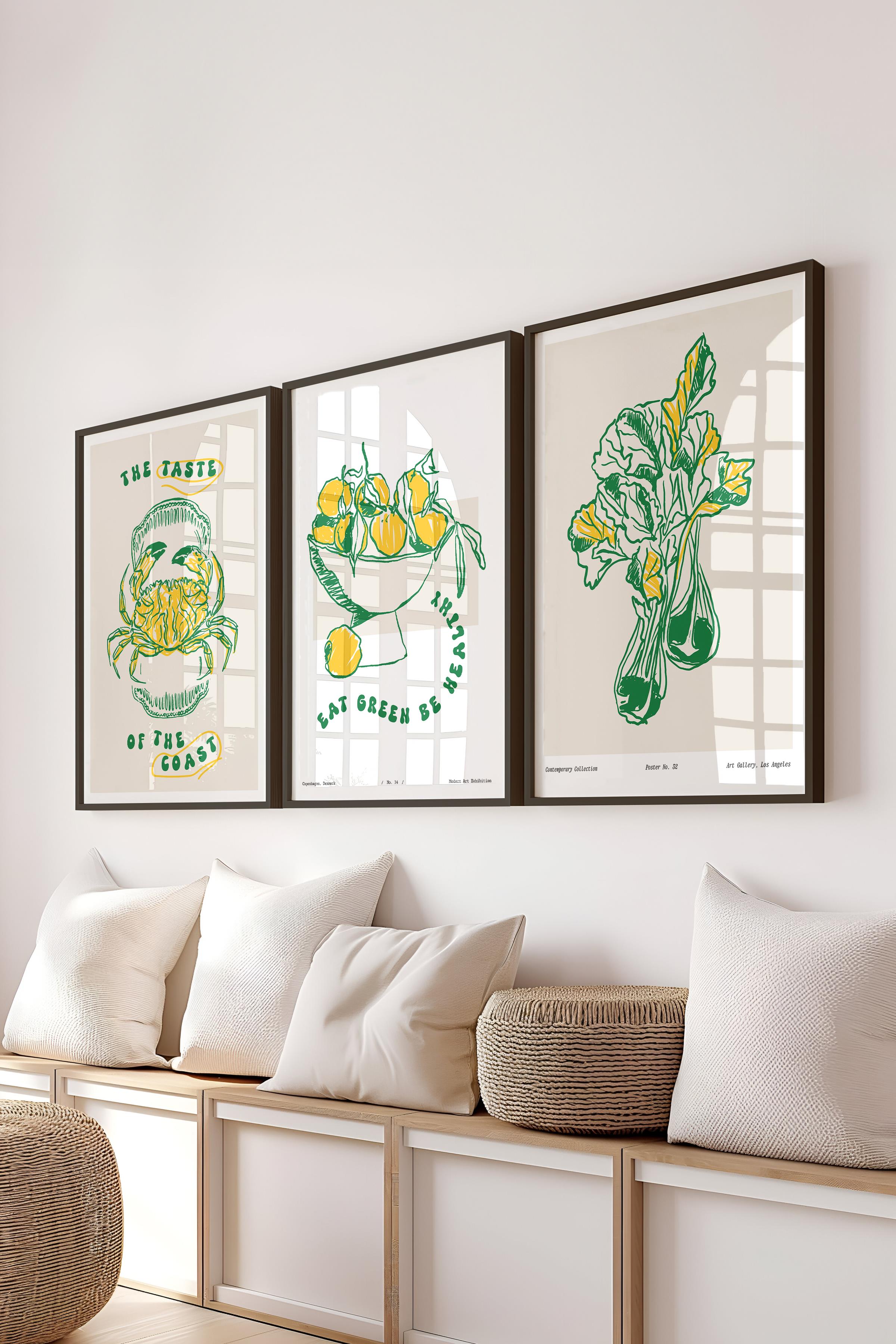 Çerçeveli Tablo Seti, 3 Adet Siyah Çerçeve ve Minimalist Yemek Temalı Poster Seti, No:300557