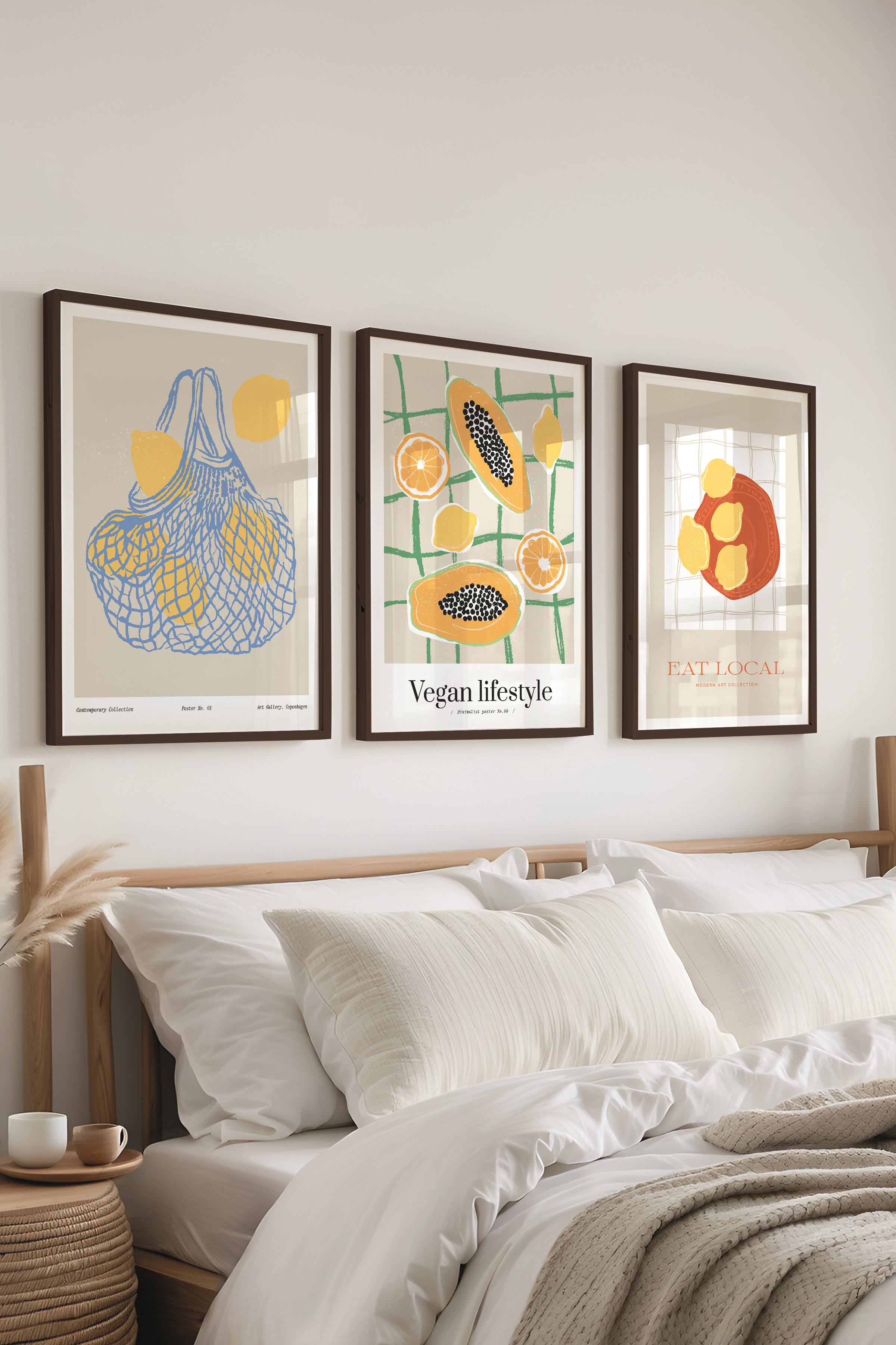 Çerçeveli Tablo Seti, 3 Adet Siyah Çerçeve ve Minimalist Yemek Temalı Poster Seti, No:300558
