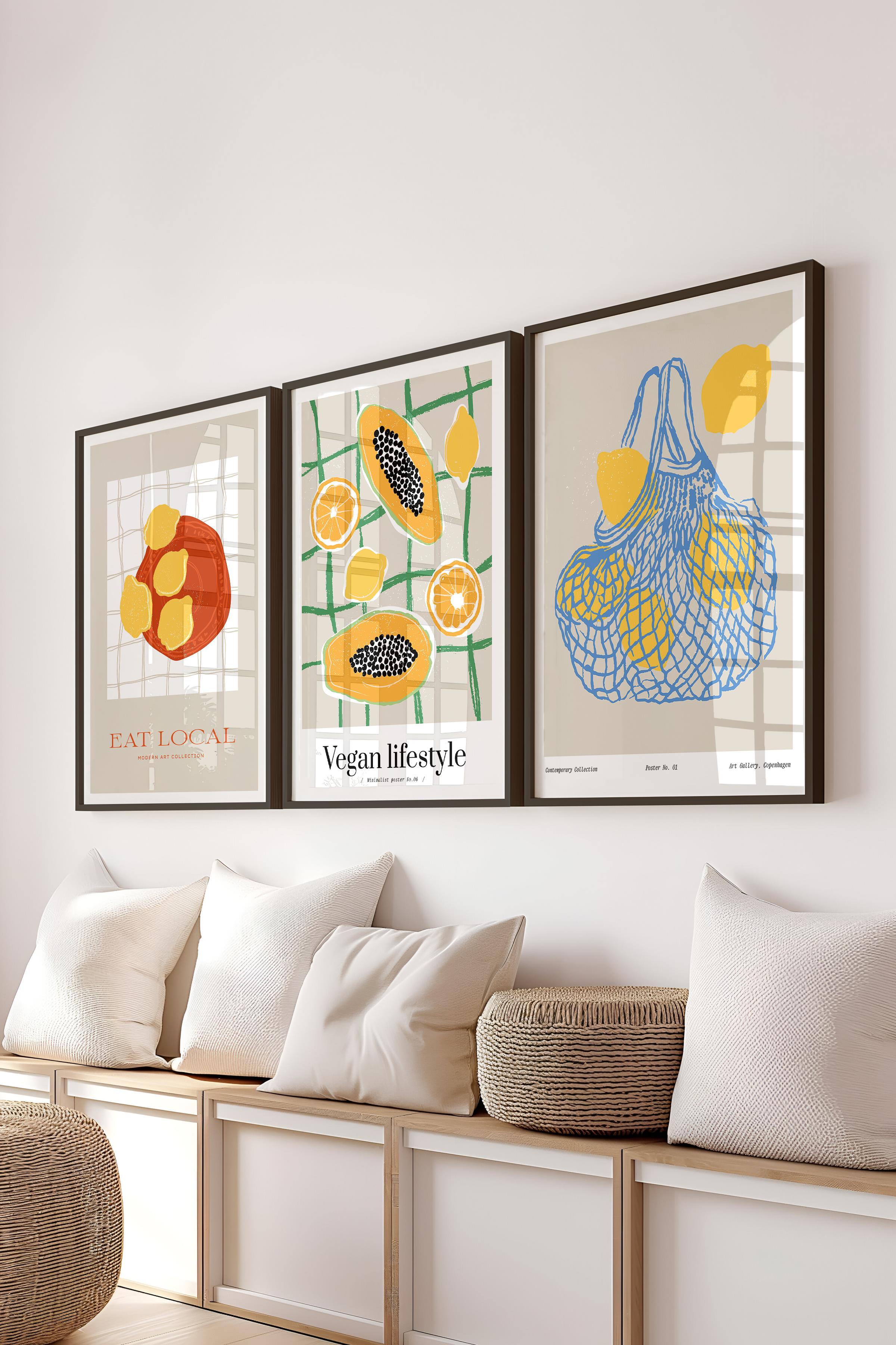 Çerçeveli Tablo Seti, 3 Adet Siyah Çerçeve ve Minimalist Yemek Temalı Poster Seti, No:300558
