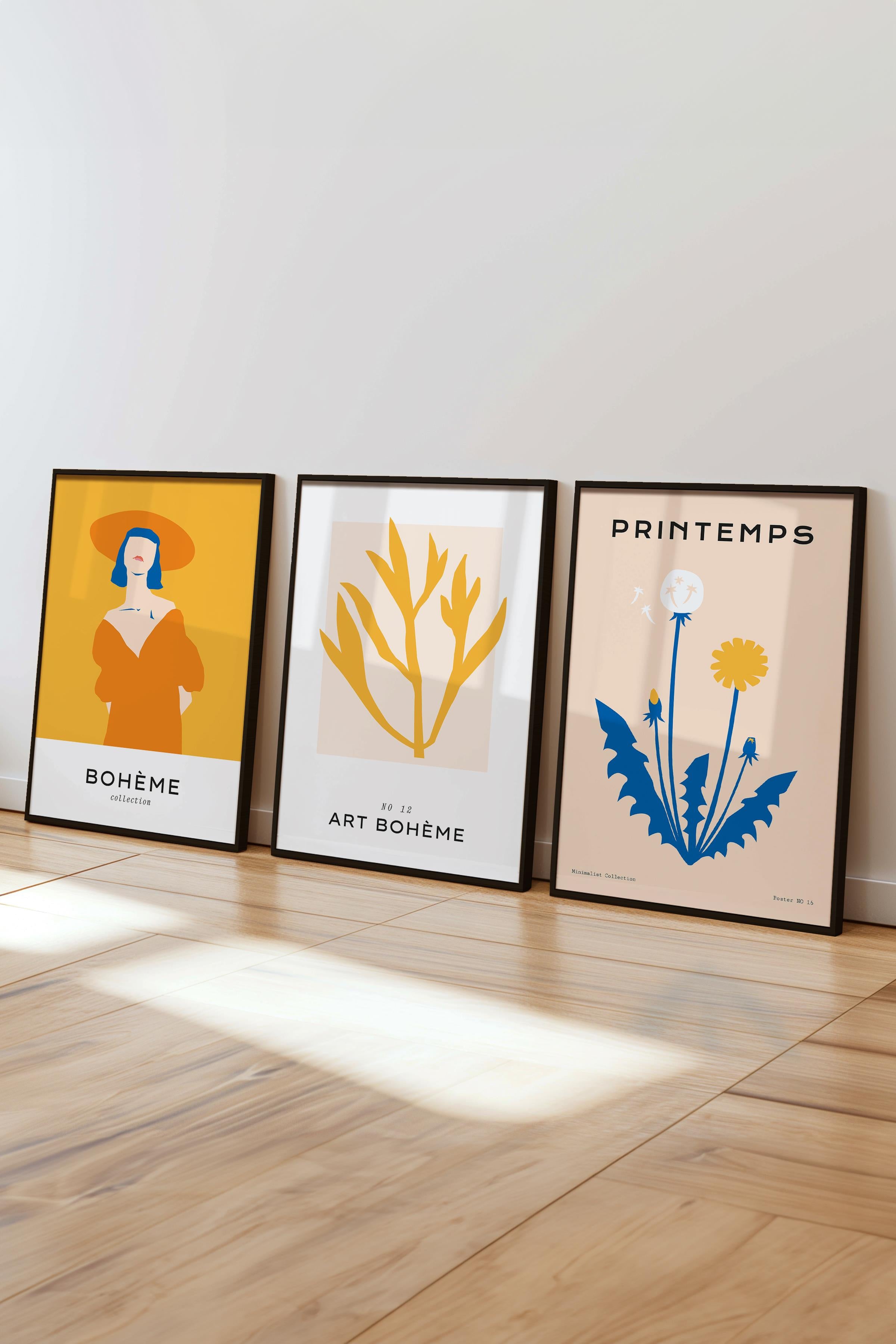 Çerçeveli Tablo Seti, 3 Adet Siyah Çerçeve ve Pastel Boho Temalı Poster Seti, No:300465