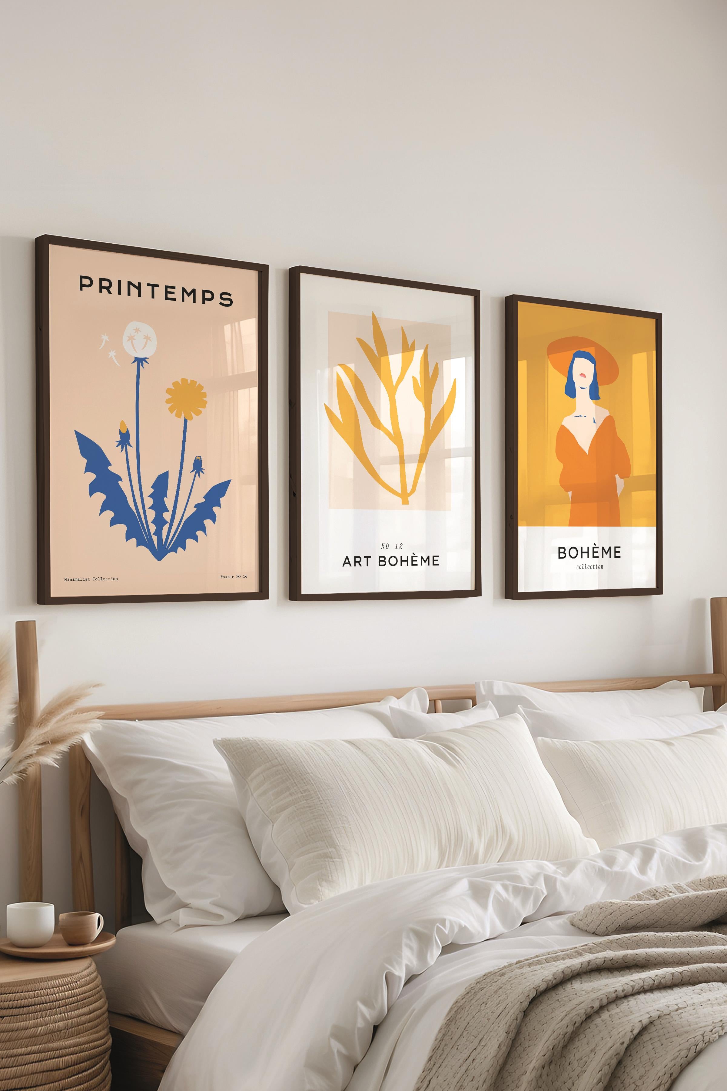 Çerçeveli Tablo Seti, 3 Adet Siyah Çerçeve ve Pastel Boho Temalı Poster Seti, No:300465