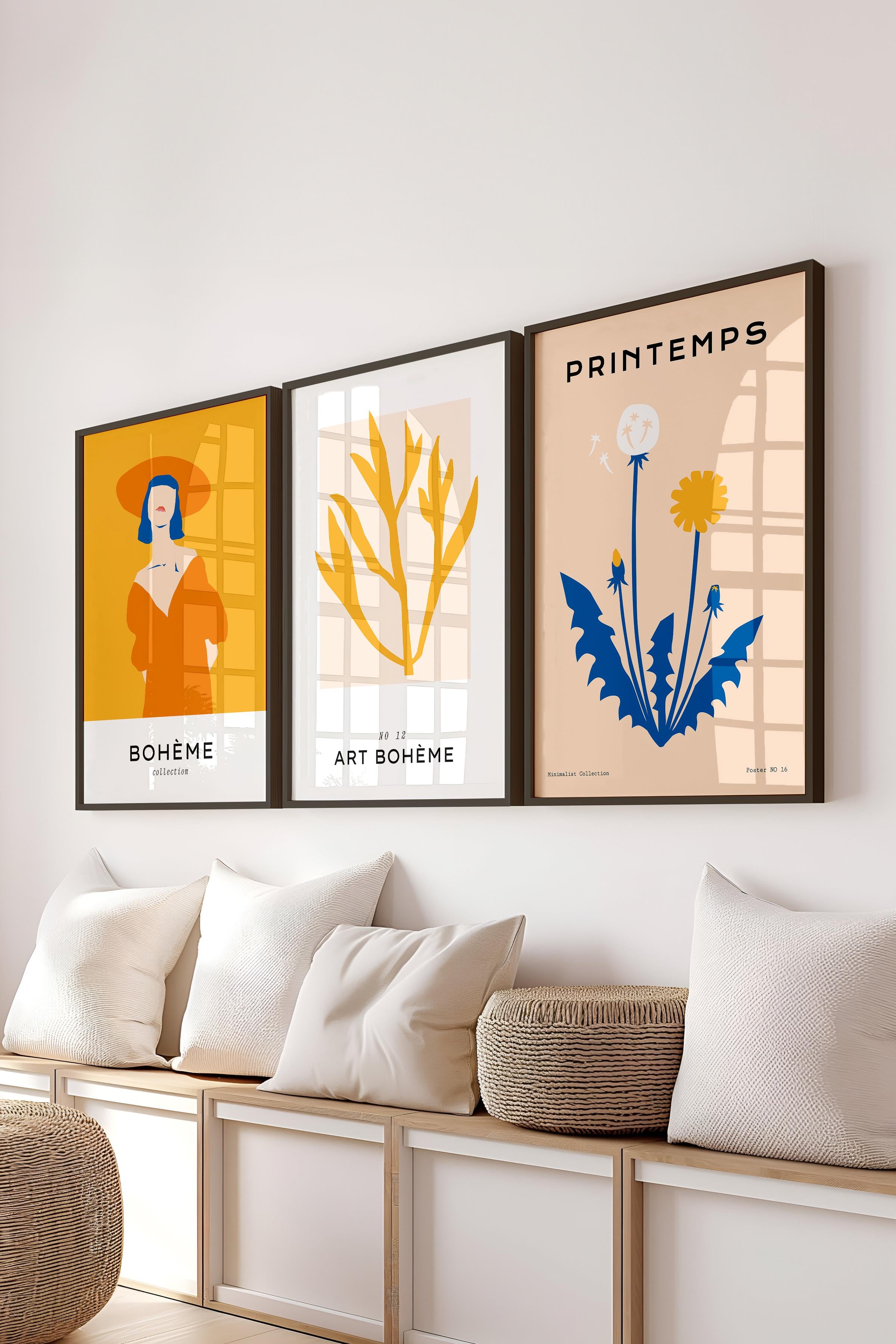 Çerçeveli Tablo Seti, 3 Adet Siyah Çerçeve ve Pastel Boho Temalı Poster Seti, No:300465