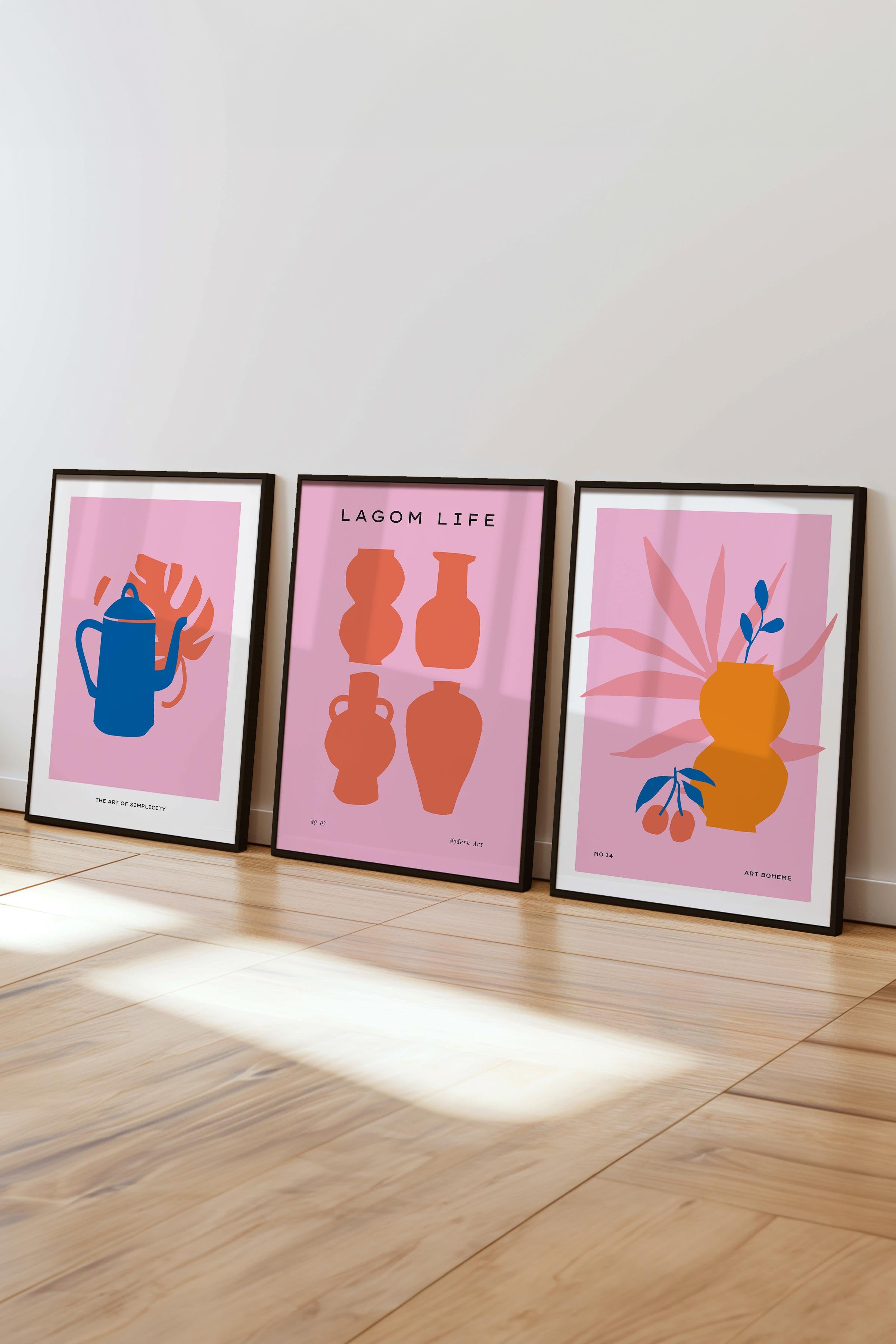 Çerçeveli Tablo Seti, 3 Adet Siyah Çerçeve ve Pembe Minimalist Temalı Poster Seti, No:300454