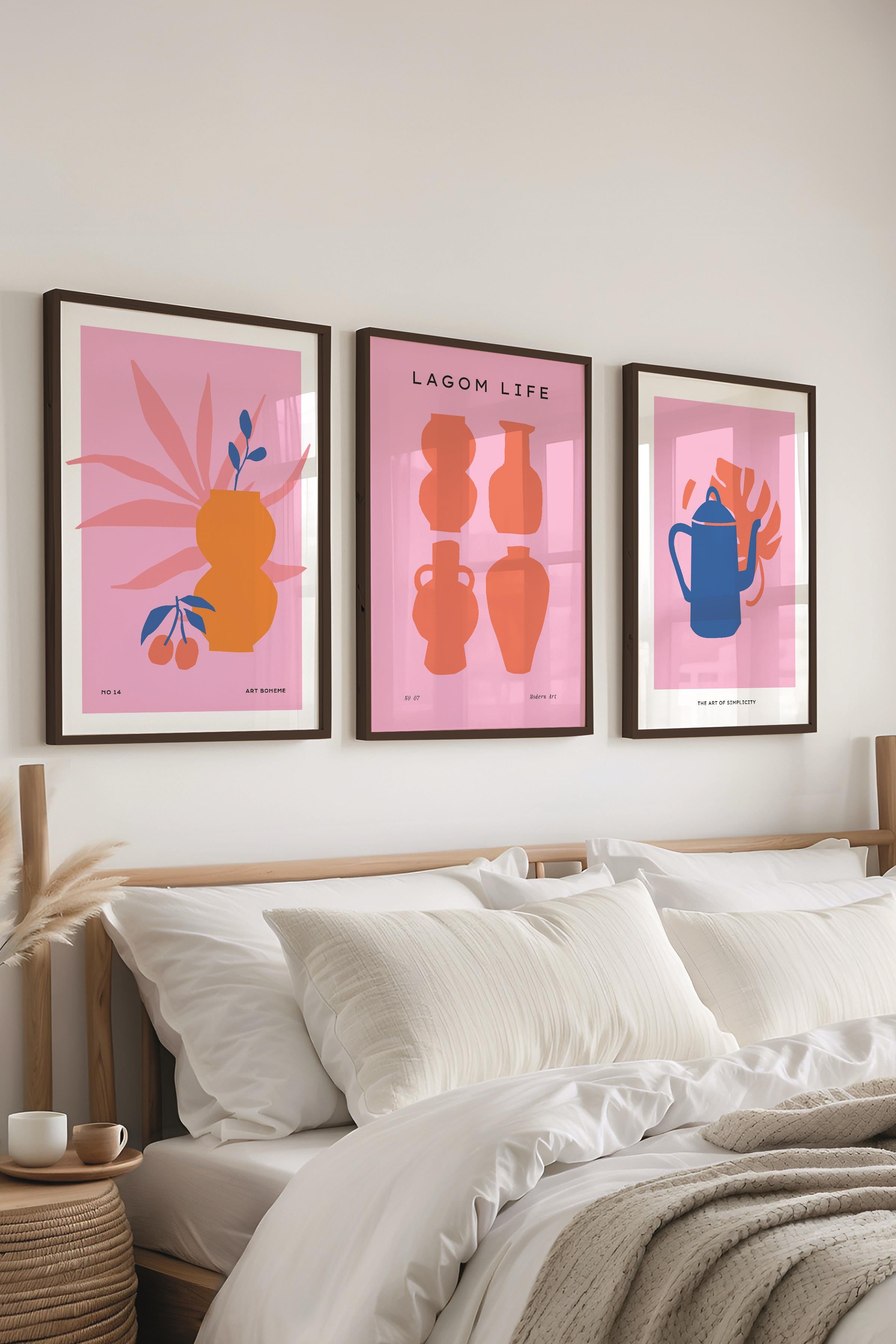 Çerçeveli Tablo Seti, 3 Adet Siyah Çerçeve ve Pembe Minimalist Temalı Poster Seti, No:300454