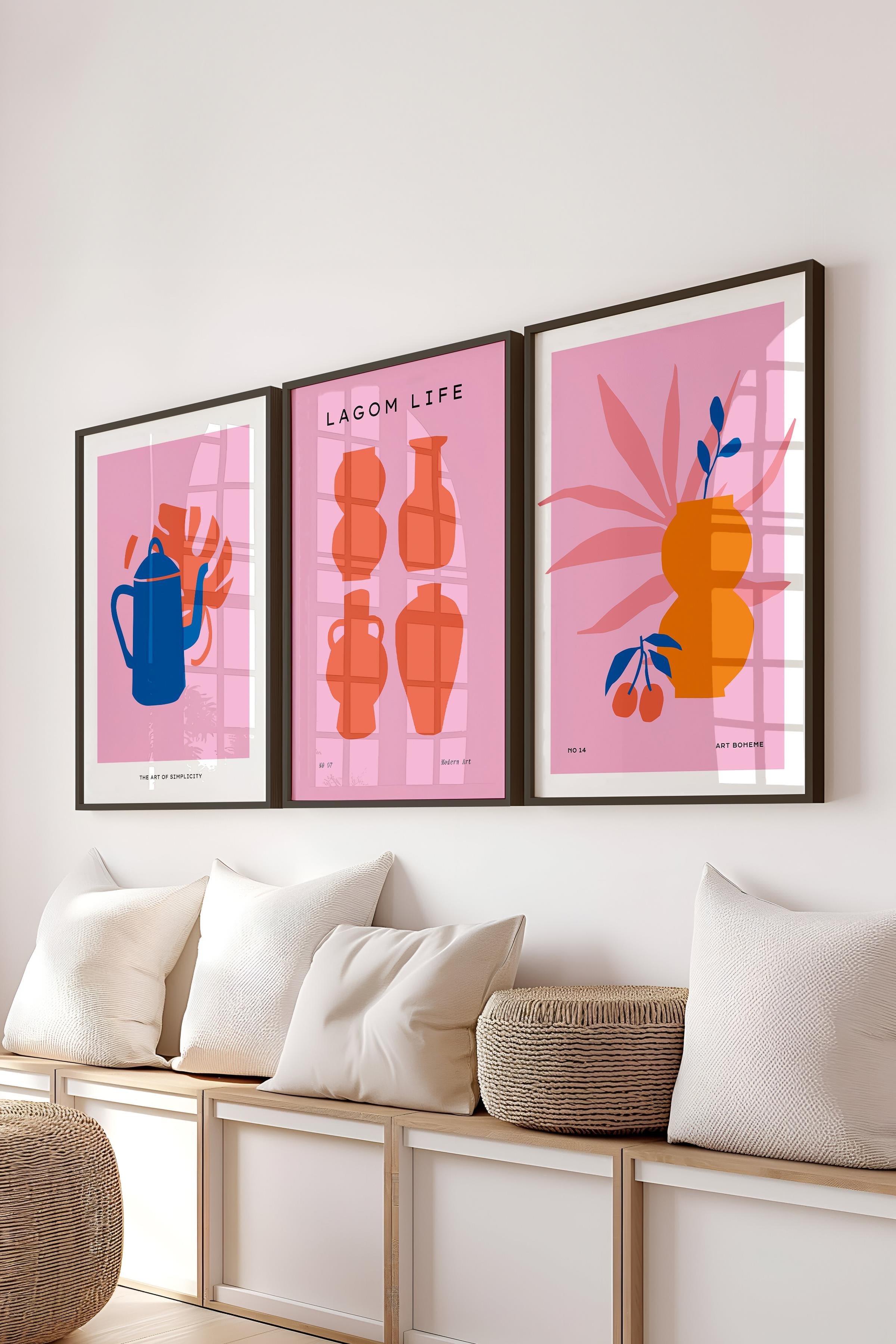 Çerçeveli Tablo Seti, 3 Adet Siyah Çerçeve ve Pembe Minimalist Temalı Poster Seti, No:300454