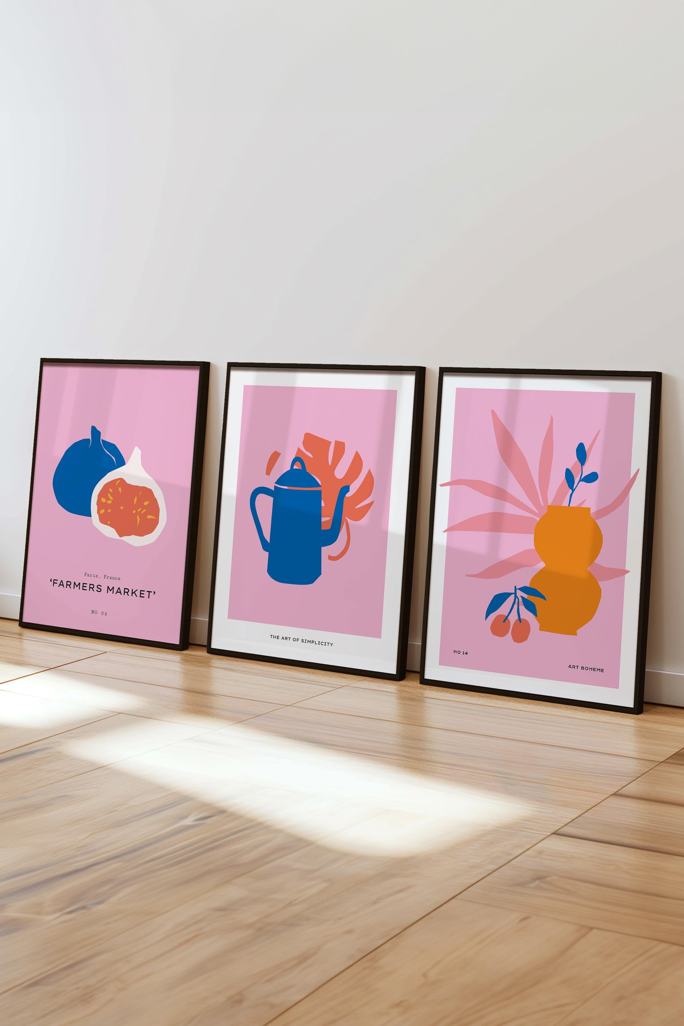 Çerçeveli Tablo Seti, 3 Adet Siyah Çerçeve ve Pembe Minimalist Temalı Poster Seti, No:300461