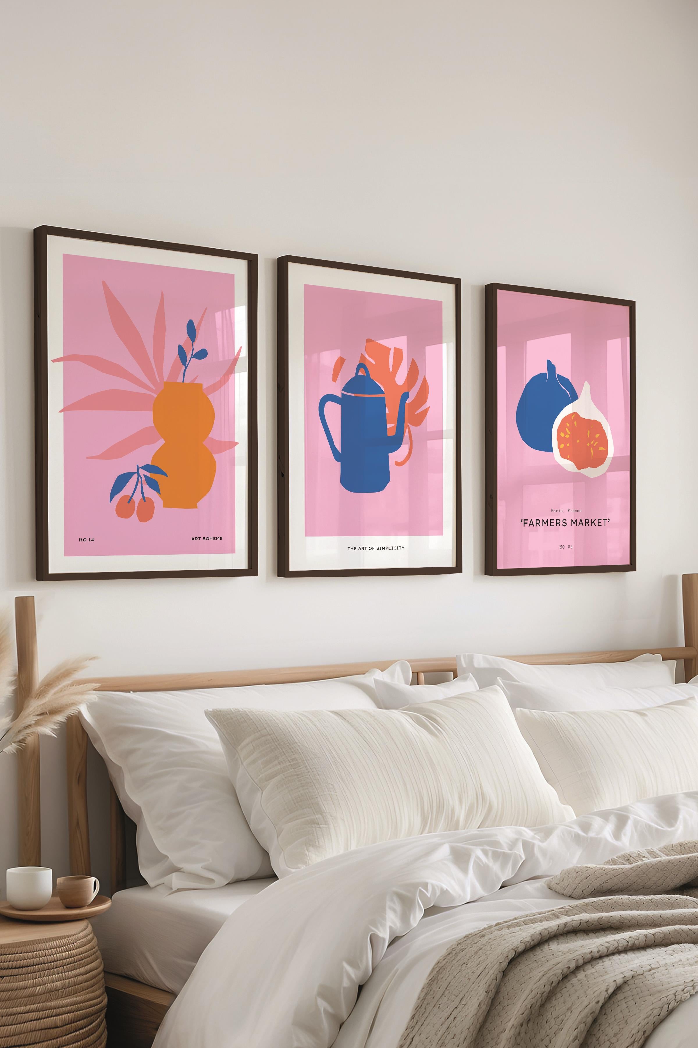 Çerçeveli Tablo Seti, 3 Adet Siyah Çerçeve ve Pembe Minimalist Temalı Poster Seti, No:300461