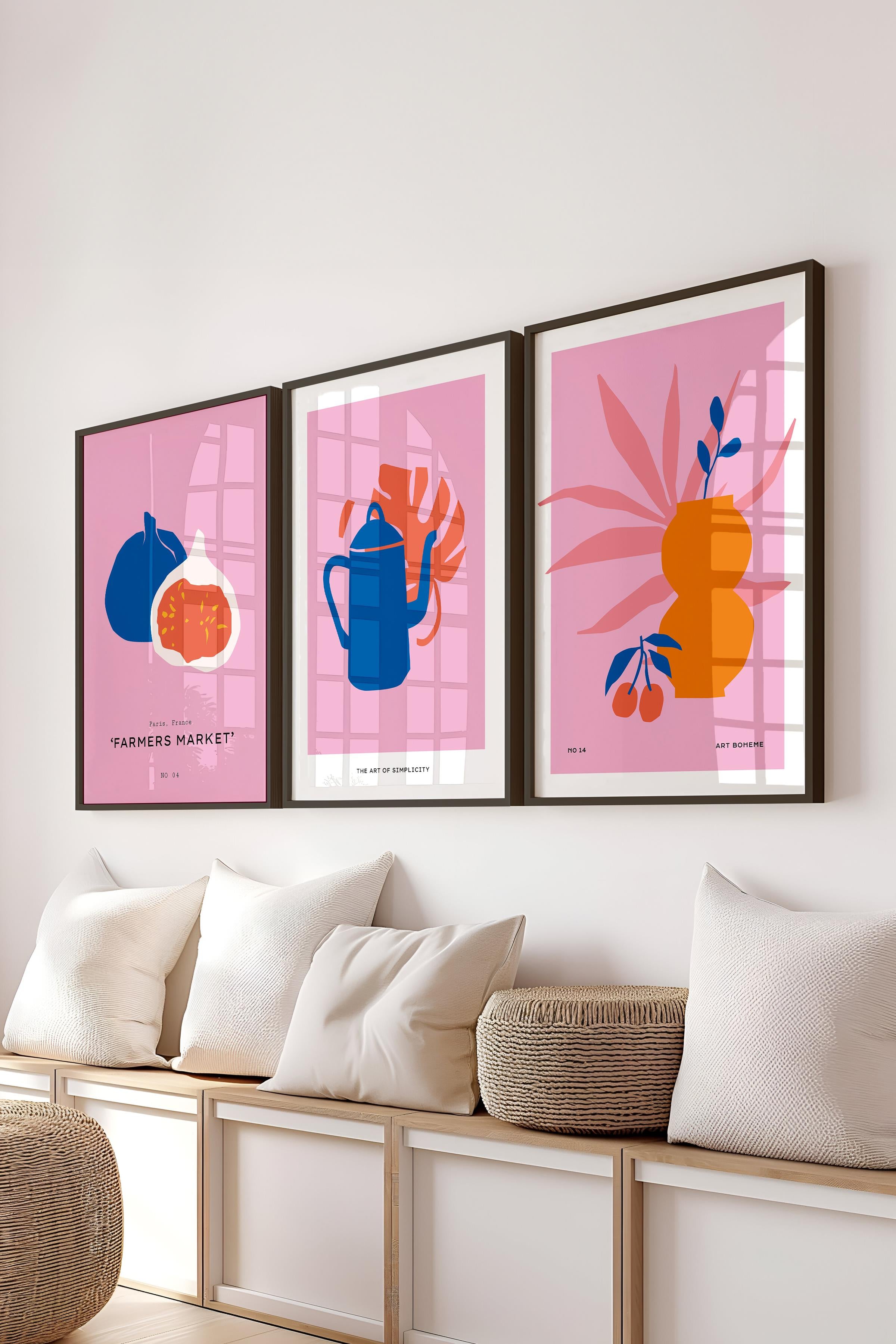 Çerçeveli Tablo Seti, 3 Adet Siyah Çerçeve ve Pembe Minimalist Temalı Poster Seti, No:300461