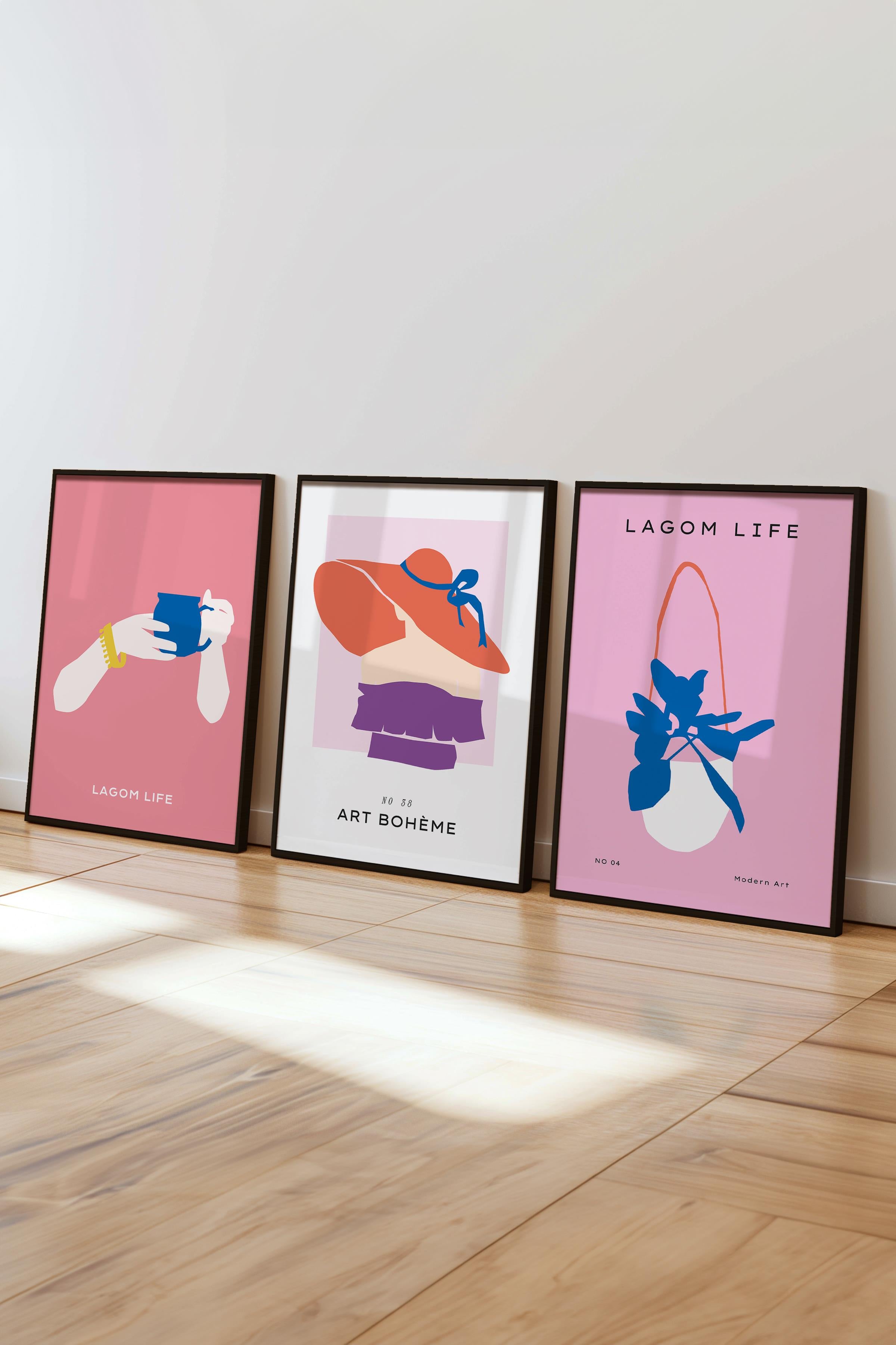 Çerçeveli Tablo Seti, 3 Adet Siyah Çerçeve ve Pembe Minimalist Temalı Poster Seti, No:300463