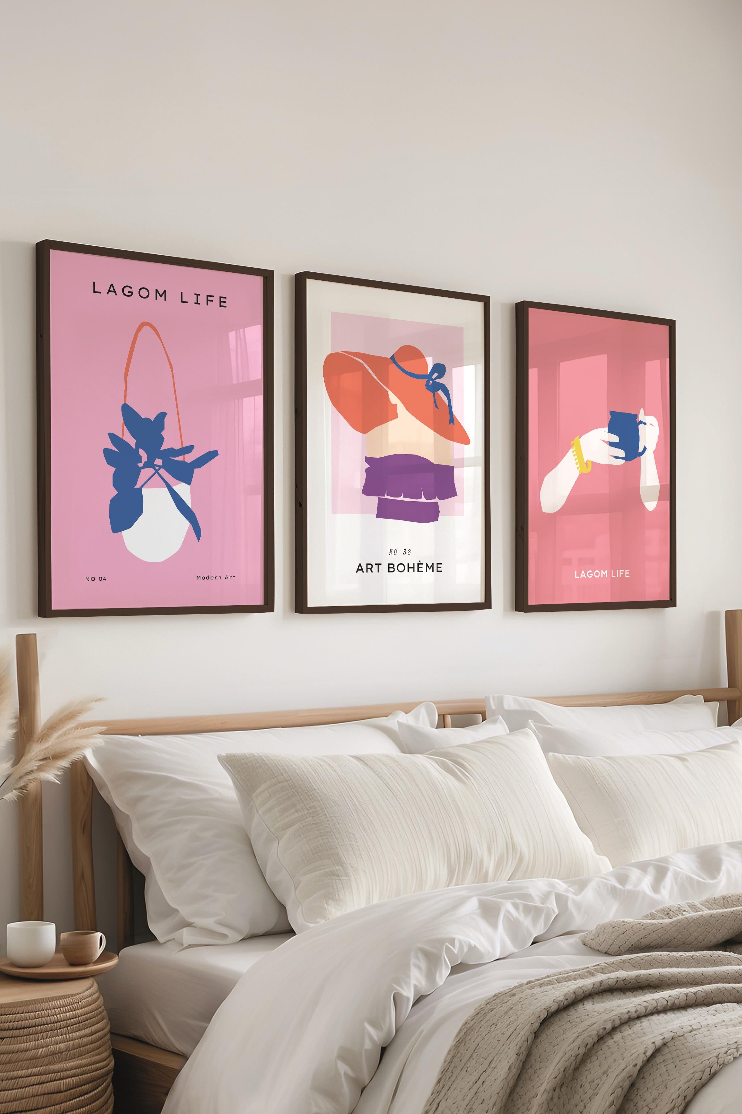 Çerçeveli Tablo Seti, 3 Adet Siyah Çerçeve ve Pembe Minimalist Temalı Poster Seti, No:300463