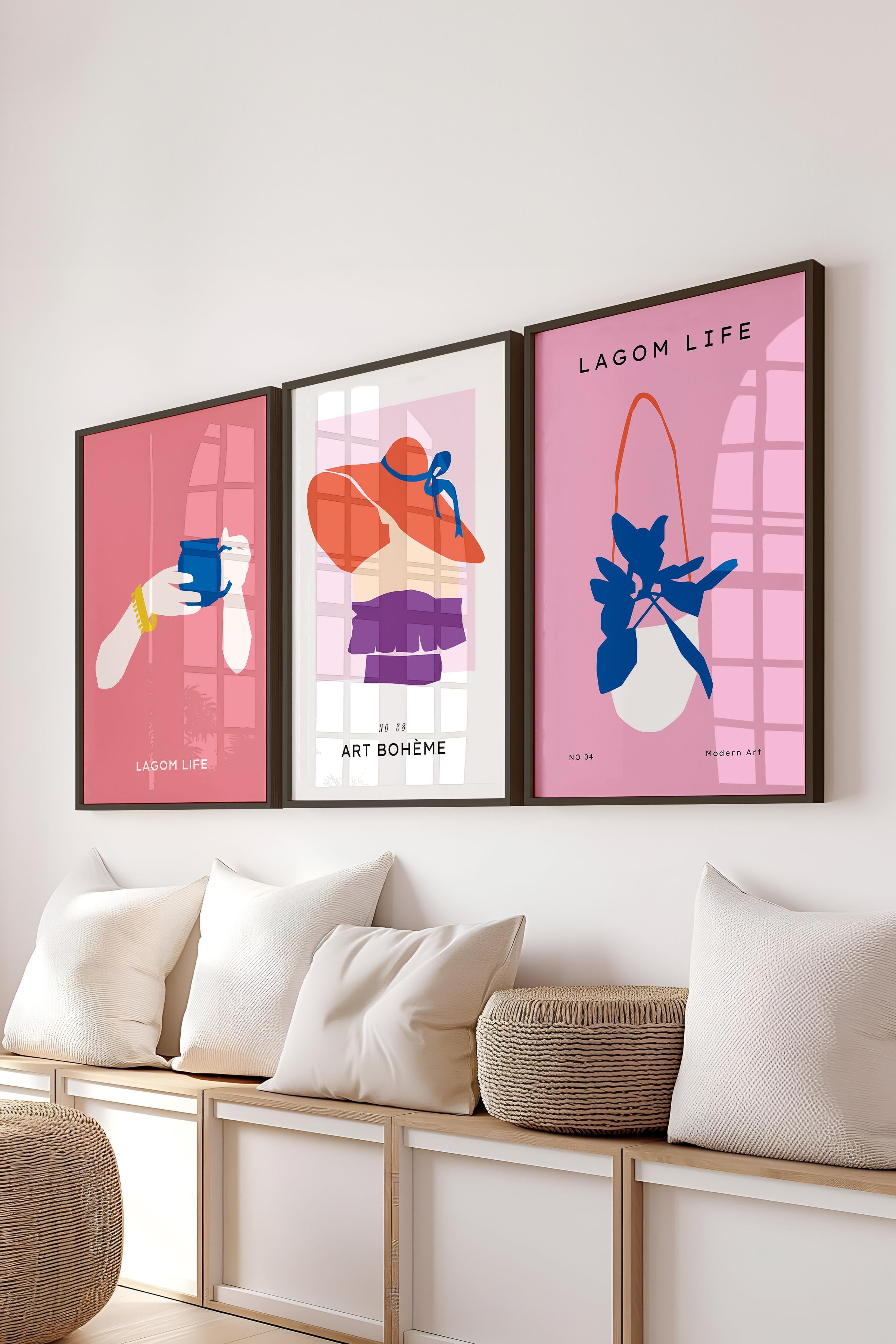 Çerçeveli Tablo Seti, 3 Adet Siyah Çerçeve ve Pembe Minimalist Temalı Poster Seti, No:300463
