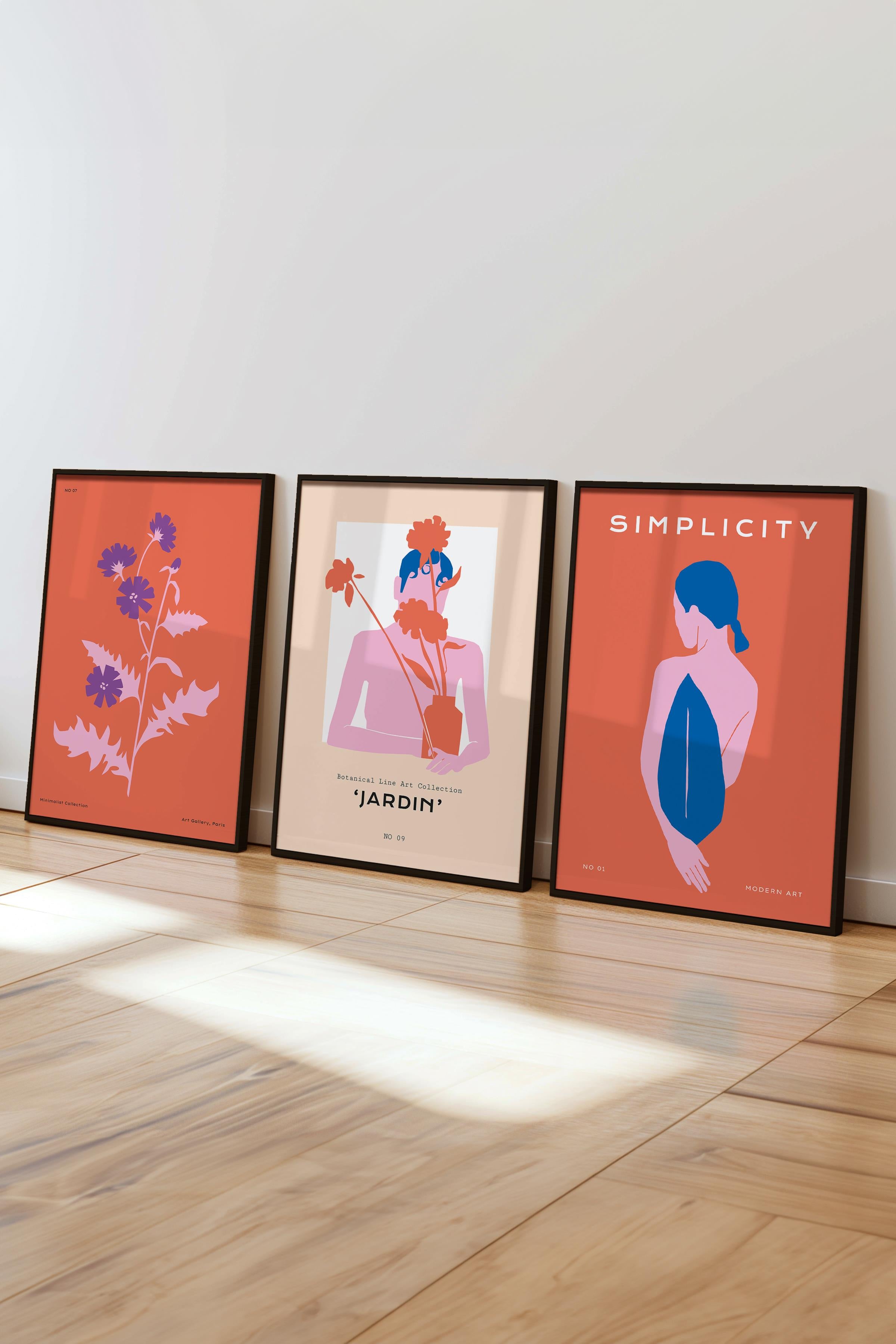 Çerçeveli Tablo Seti, 3 Adet Siyah Çerçeve ve Renkli Minimalist Temalı Poster Seti, No:300460
