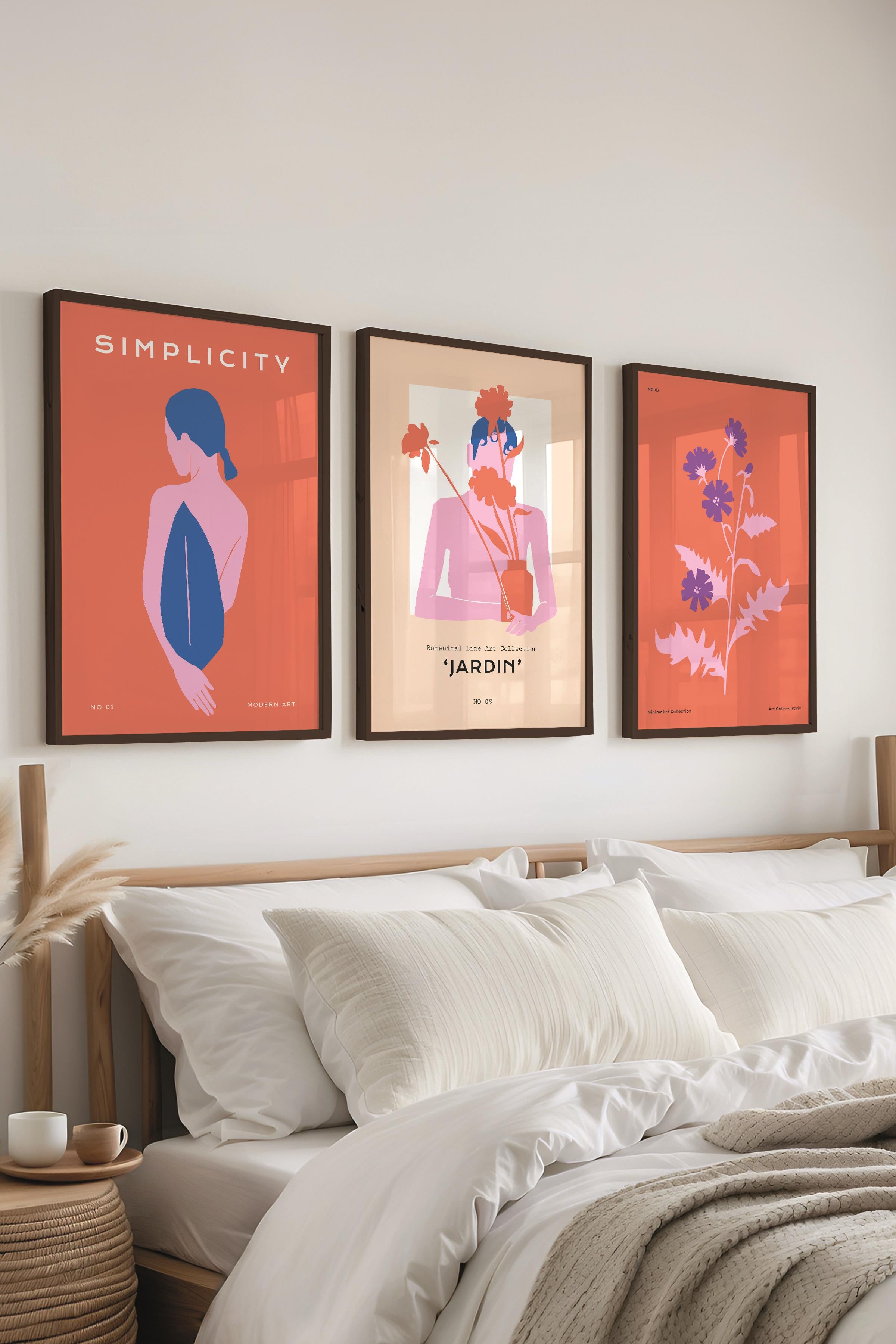 Çerçeveli Tablo Seti, 3 Adet Siyah Çerçeve ve Renkli Minimalist Temalı Poster Seti, No:300460