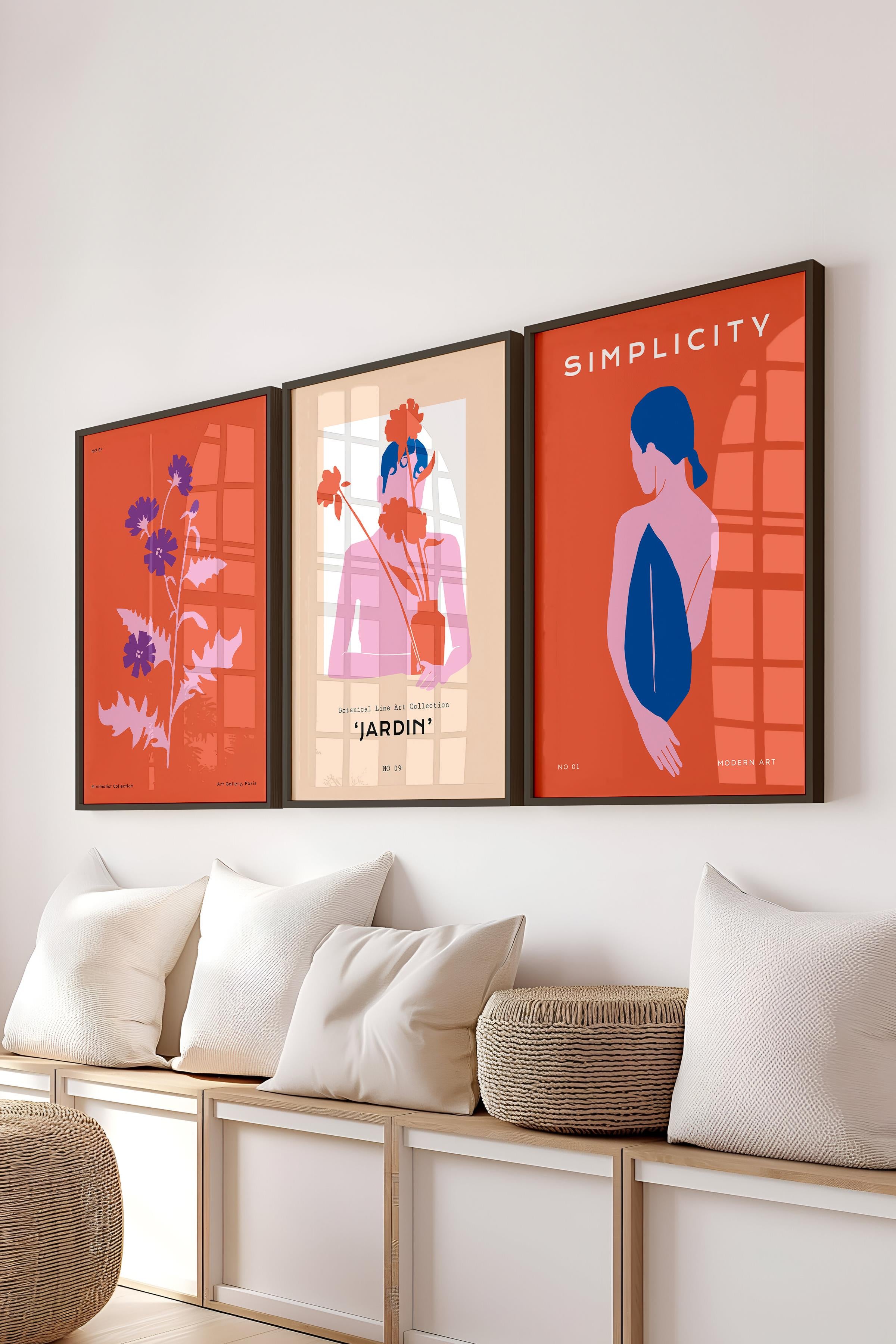 Çerçeveli Tablo Seti, 3 Adet Siyah Çerçeve ve Renkli Minimalist Temalı Poster Seti, No:300460