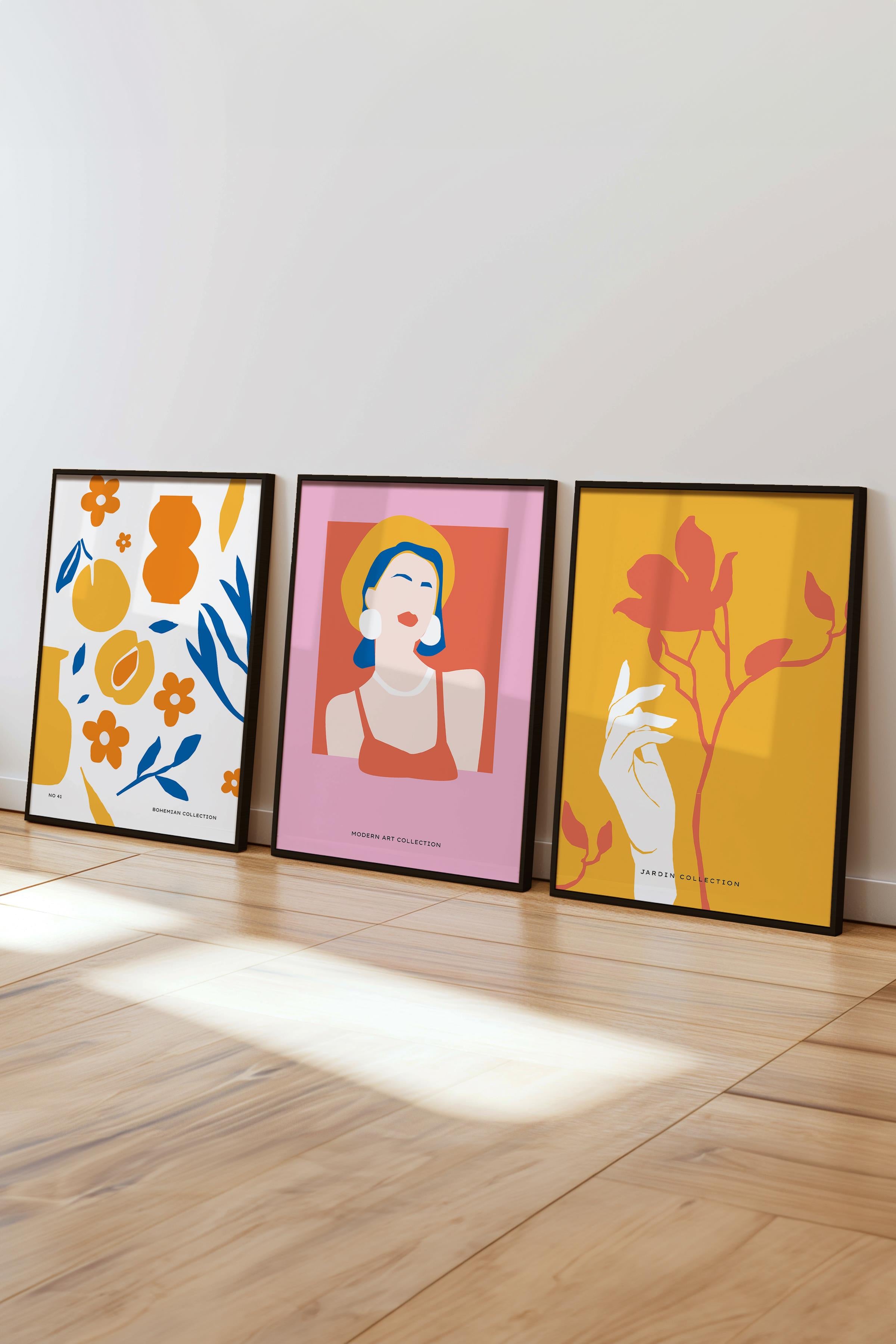 Çerçeveli Tablo Seti, 3 Adet Siyah Çerçeve ve Renkli Minimalist Temalı Poster Seti, No:300464