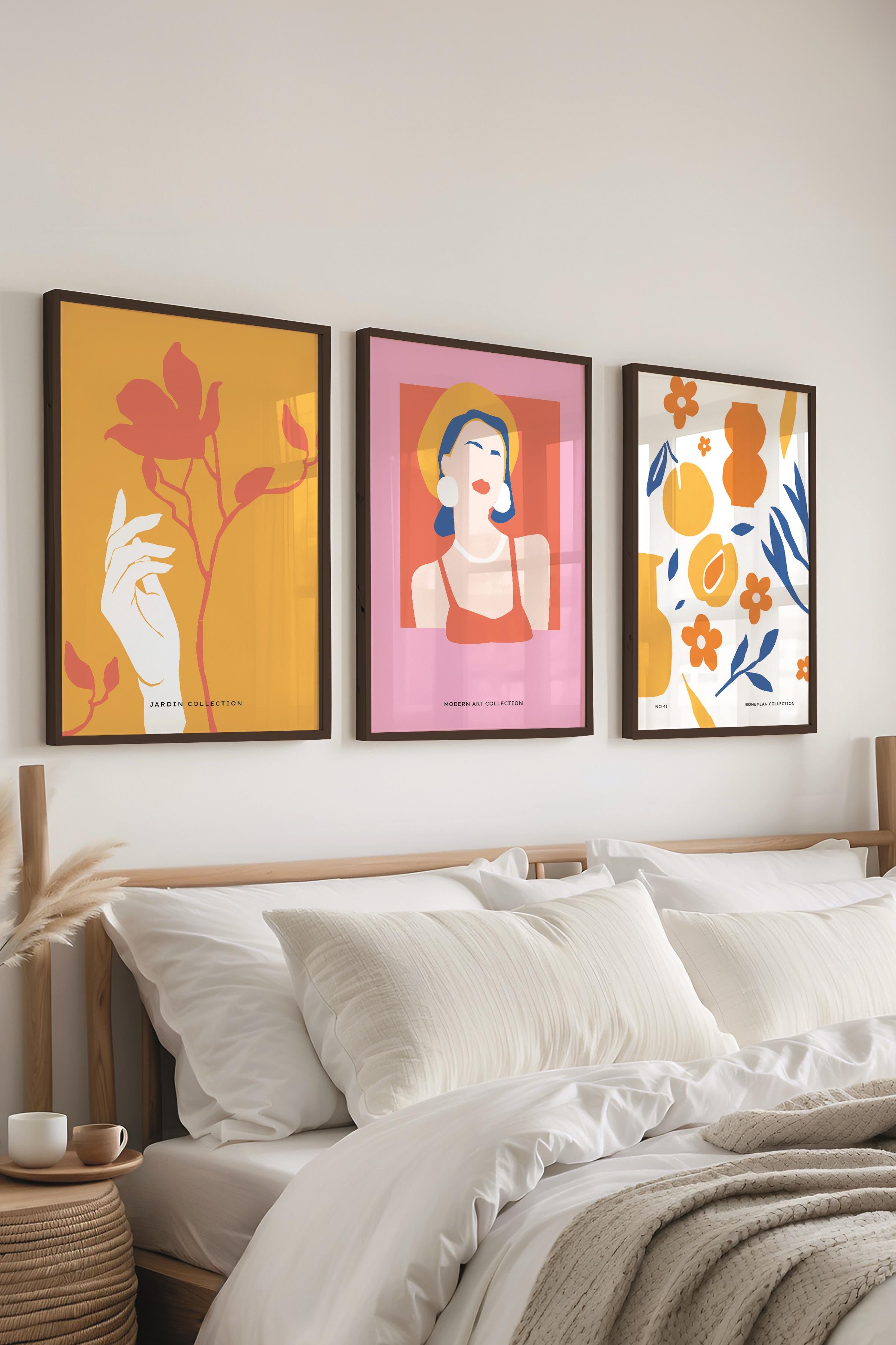 Çerçeveli Tablo Seti, 3 Adet Siyah Çerçeve ve Renkli Minimalist Temalı Poster Seti, No:300464