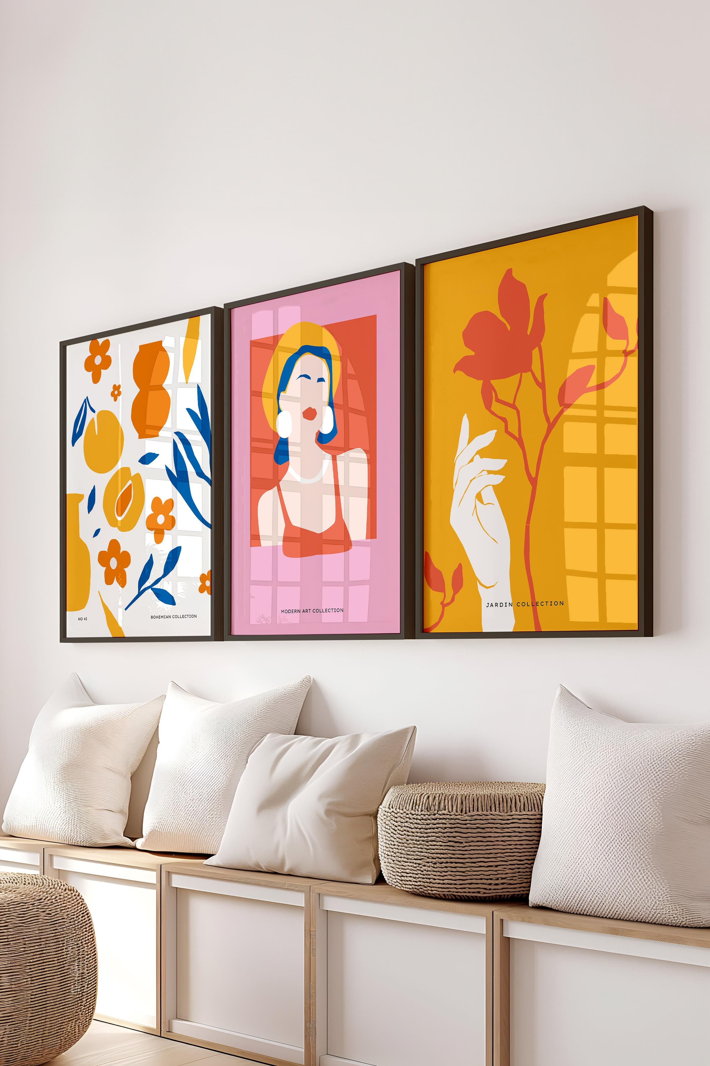 Çerçeveli Tablo Seti, 3 Adet Siyah Çerçeve ve Renkli Minimalist Temalı Poster Seti, No:300464