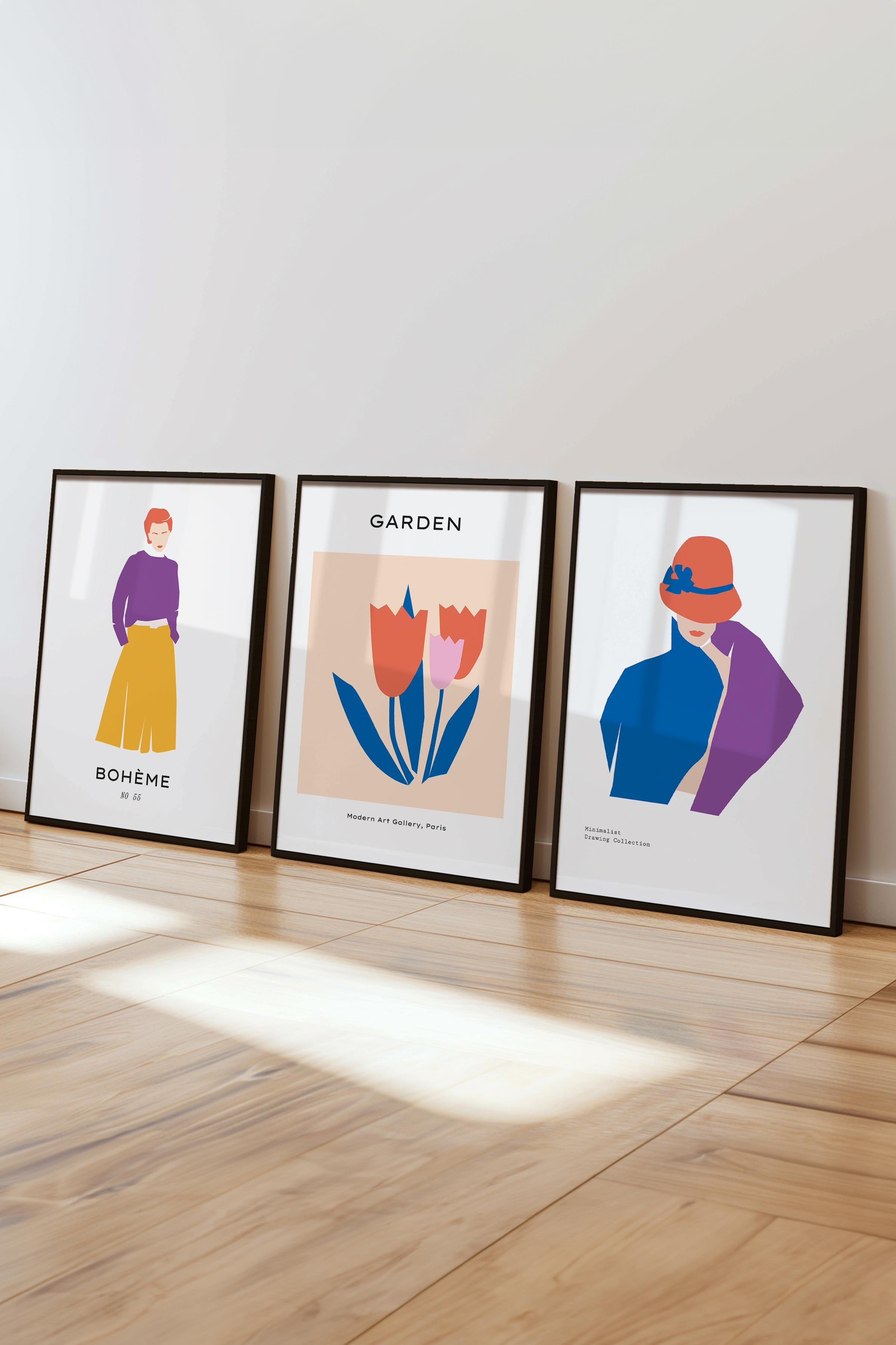 Çerçeveli Tablo Seti, 3 Adet Siyah Çerçeve ve Renkli Minimalist Temalı Poster Seti, No:300466