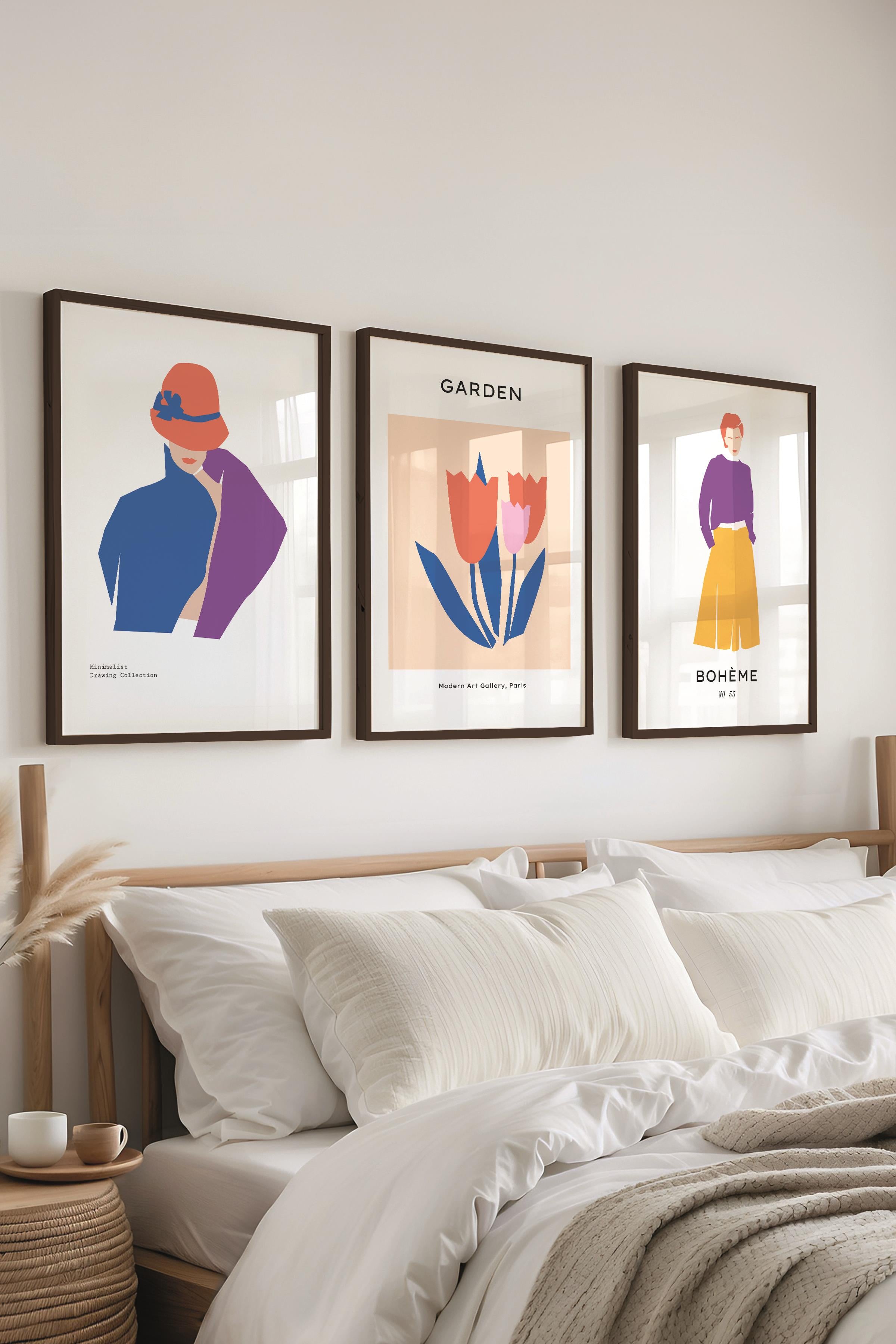 Çerçeveli Tablo Seti, 3 Adet Siyah Çerçeve ve Renkli Minimalist Temalı Poster Seti, No:300466