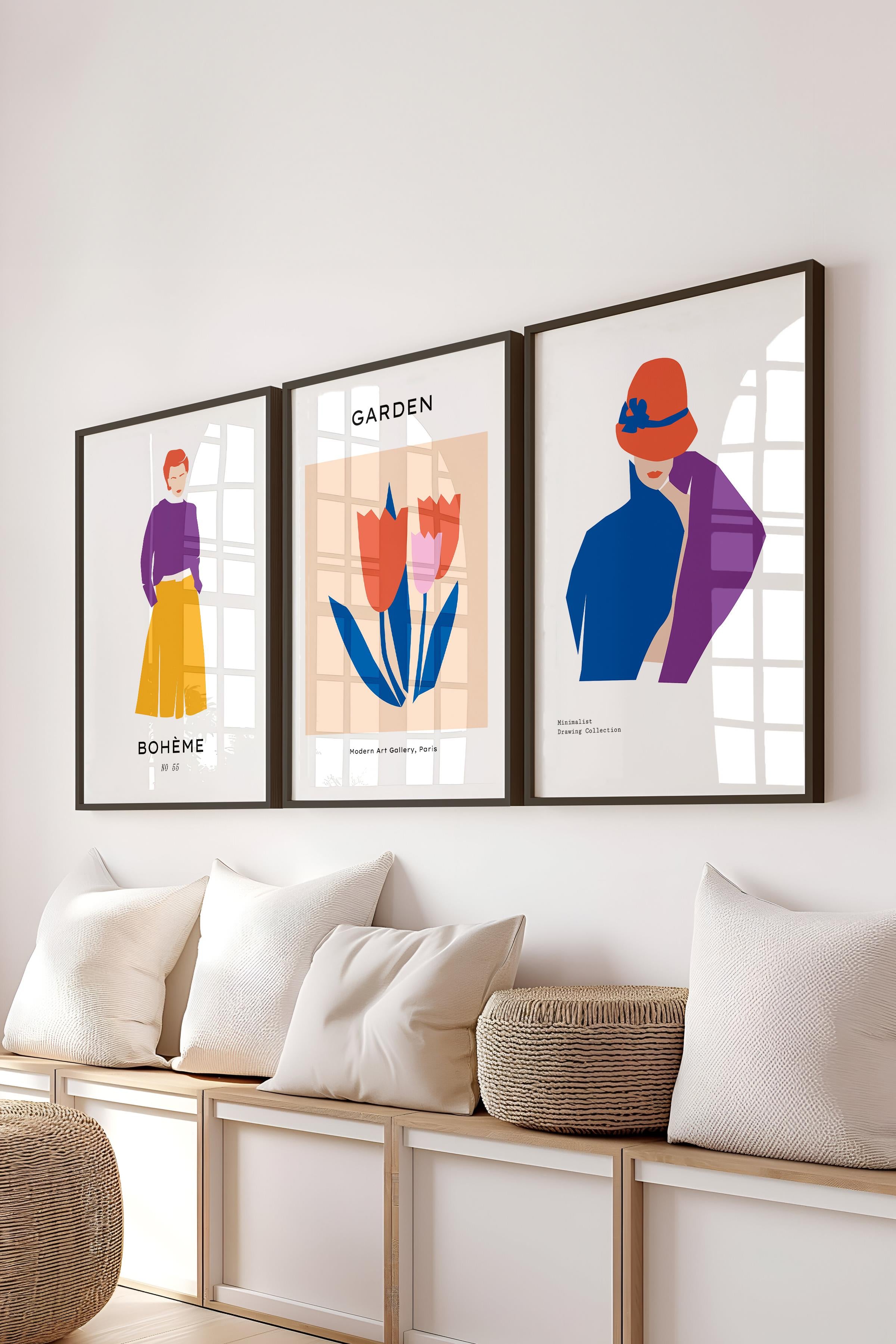 Çerçeveli Tablo Seti, 3 Adet Siyah Çerçeve ve Renkli Minimalist Temalı Poster Seti, No:300466