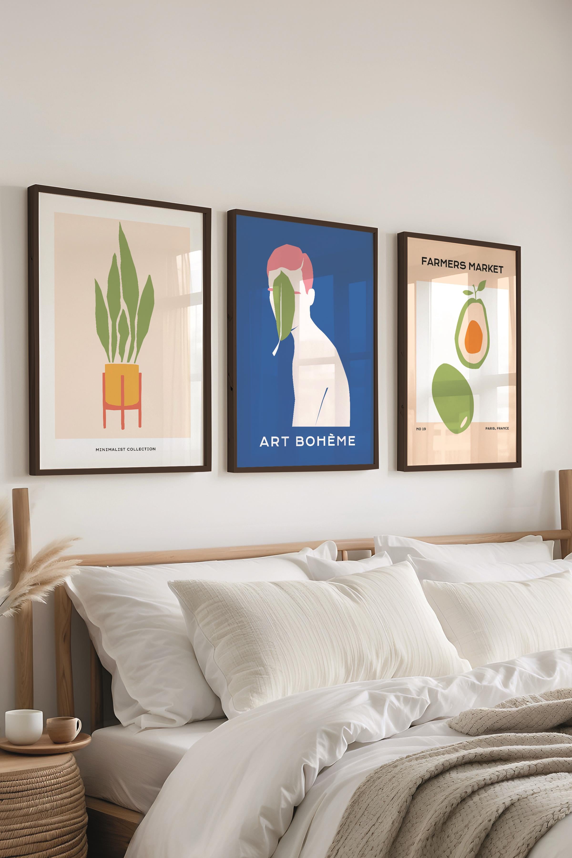 Çerçeveli Tablo Seti, 3 Adet Siyah Çerçeve ve Renkli Minimalist Temalı Poster Seti, No:300467