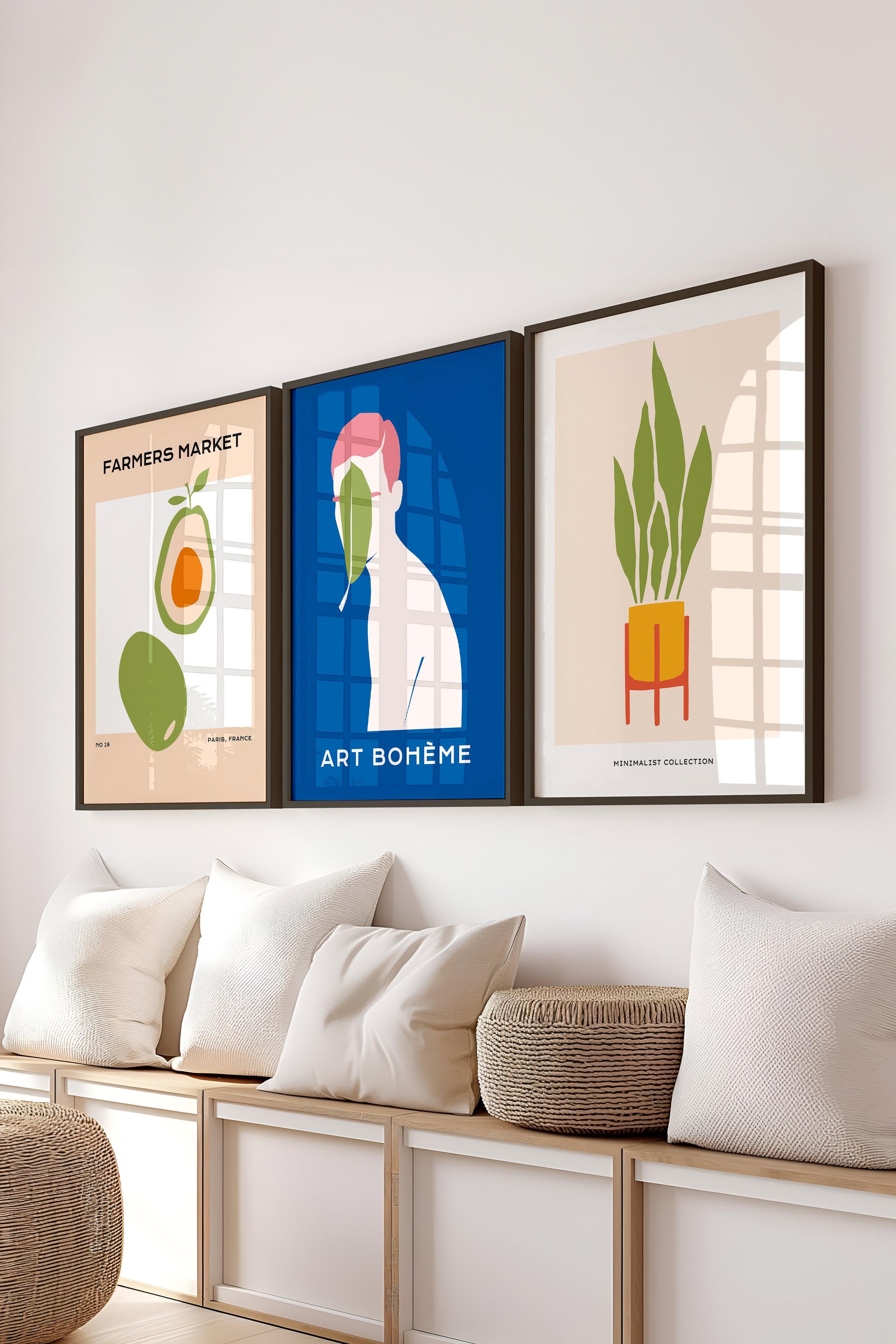 Çerçeveli Tablo Seti, 3 Adet Siyah Çerçeve ve Renkli Minimalist Temalı Poster Seti, No:300467