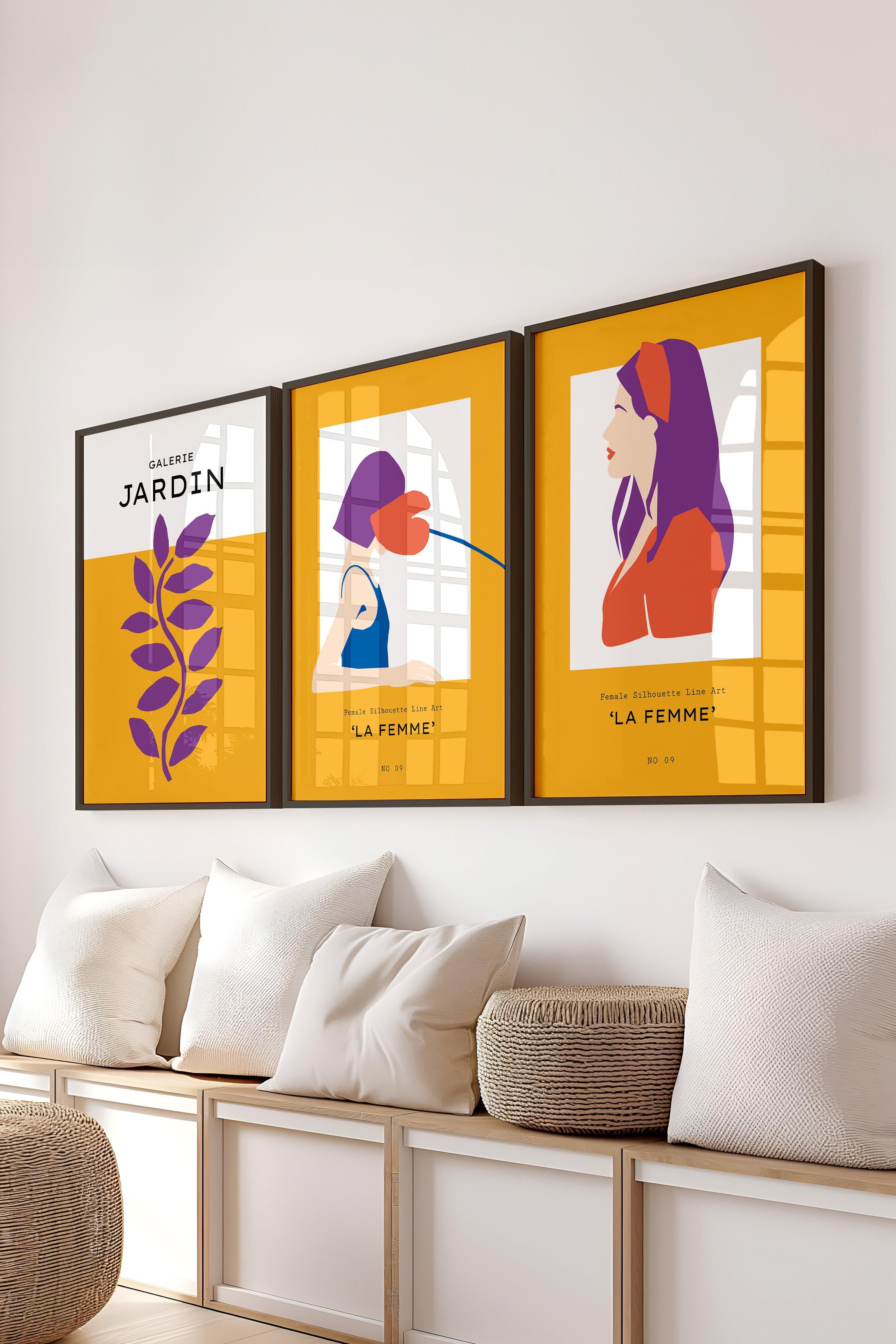 Çerçeveli Tablo Seti, 3 Adet Siyah Çerçeve ve Sarı Boho Temalı Poster Seti, Duvar Tablosu No:300458