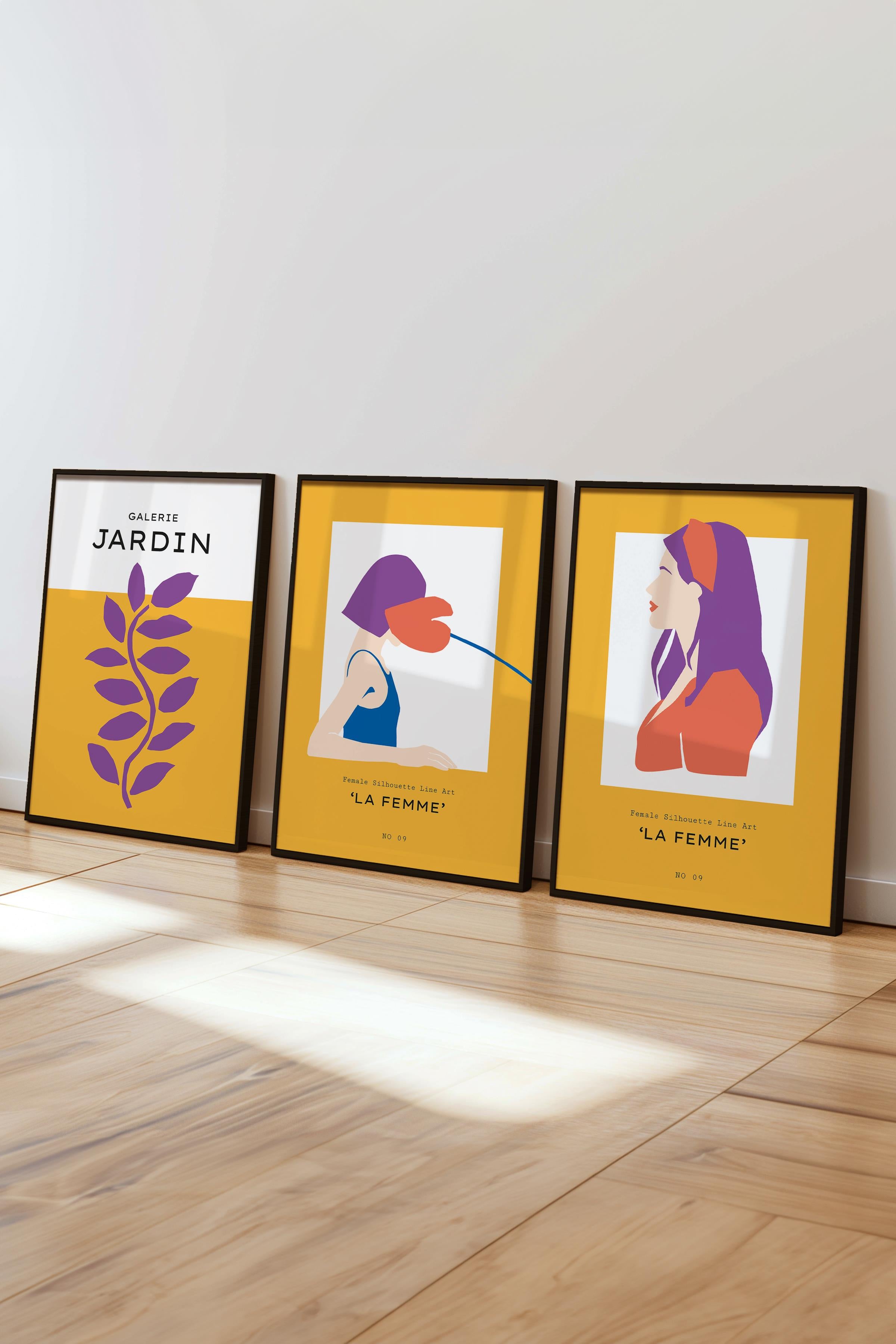Çerçeveli Tablo Seti, 3 Adet Siyah Çerçeve ve Sarı Minimalist Temalı Poster Seti, No:300462